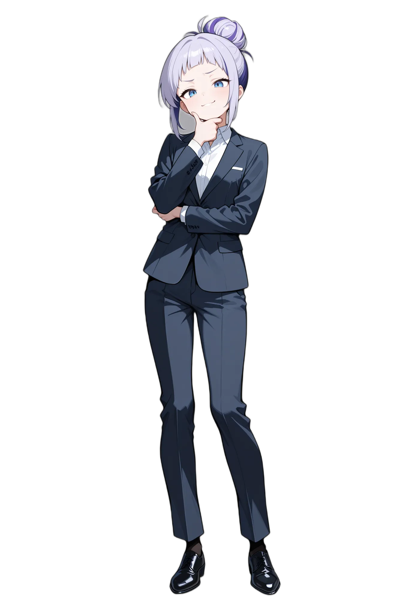 アニメイラスト-社会人-スーツ-黒いズボン-灰髪-女性-AI人物素材