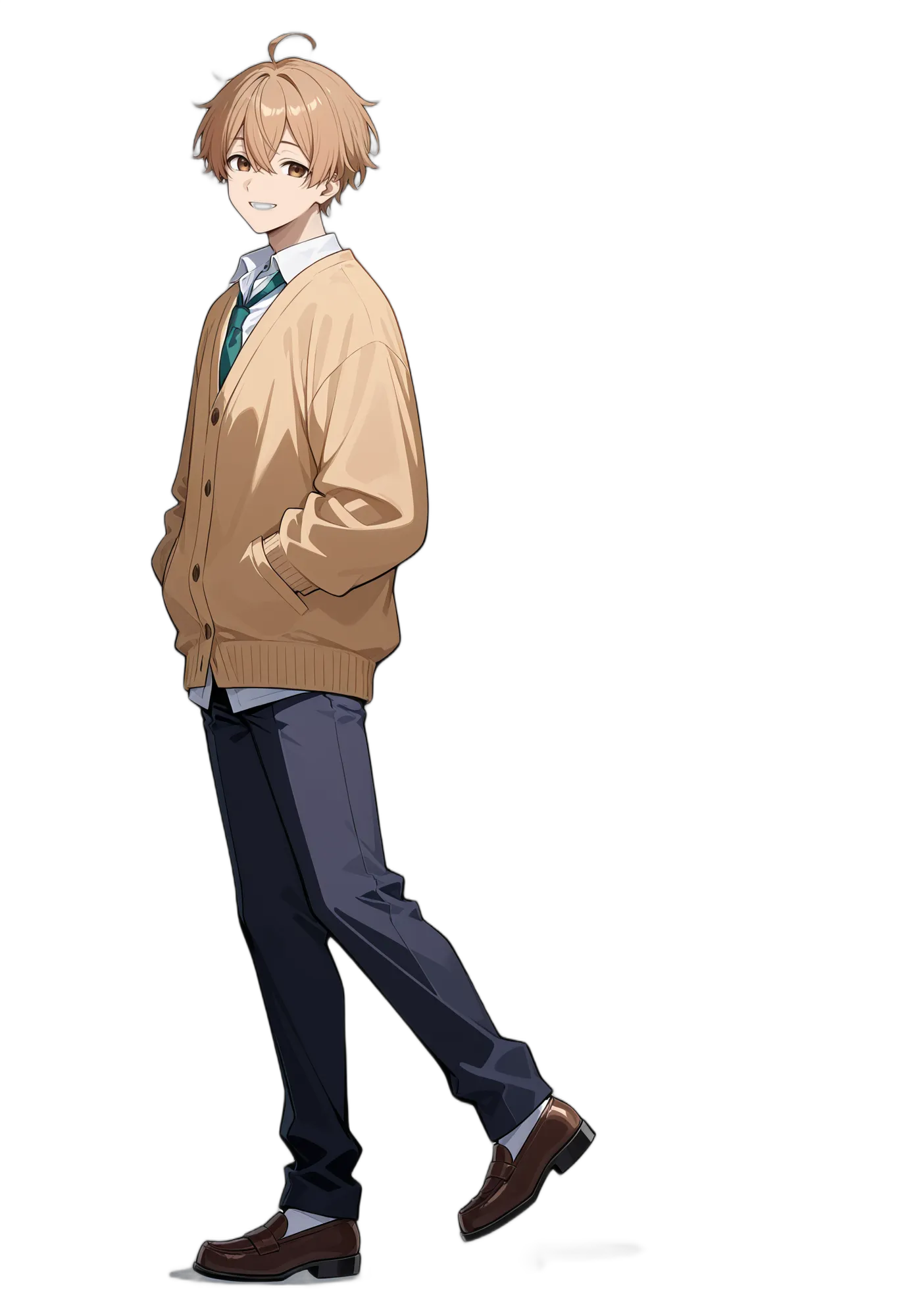 アニメイラスト-男子高校生-カーディガン-長袖-黒いズボン-カッターシャツ-AI人物素材