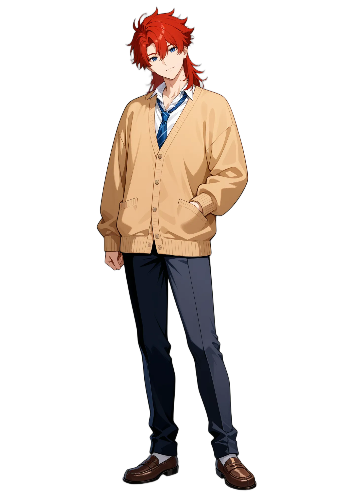 アニメイラスト-男子高校生-カーディガン-ズボン-赤髪-シャツ-AI人物素材