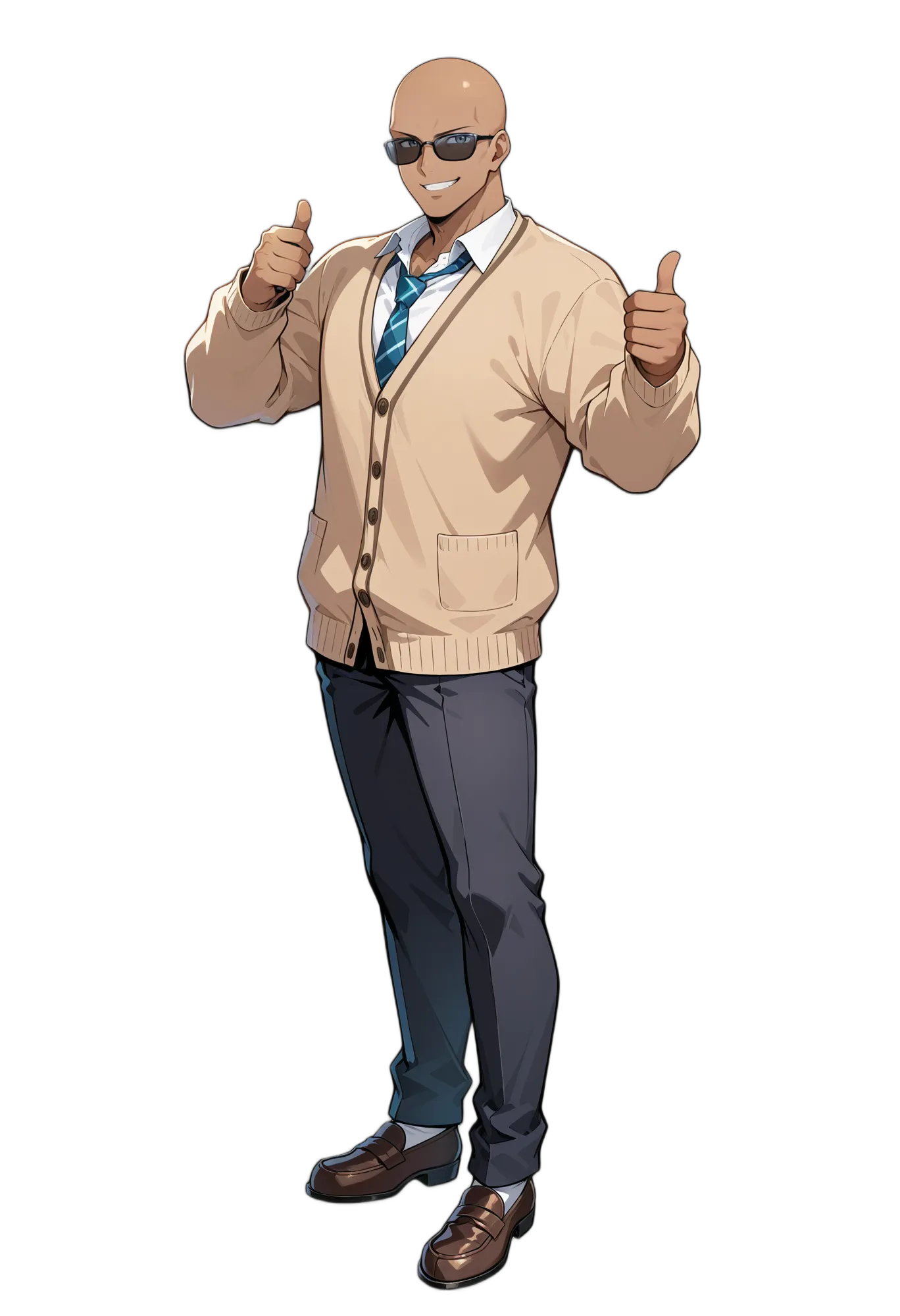 アニメイラスト-男子高校生-カーディガン-サングラス-カッターシャツ-褐色の肌-AI人物素材