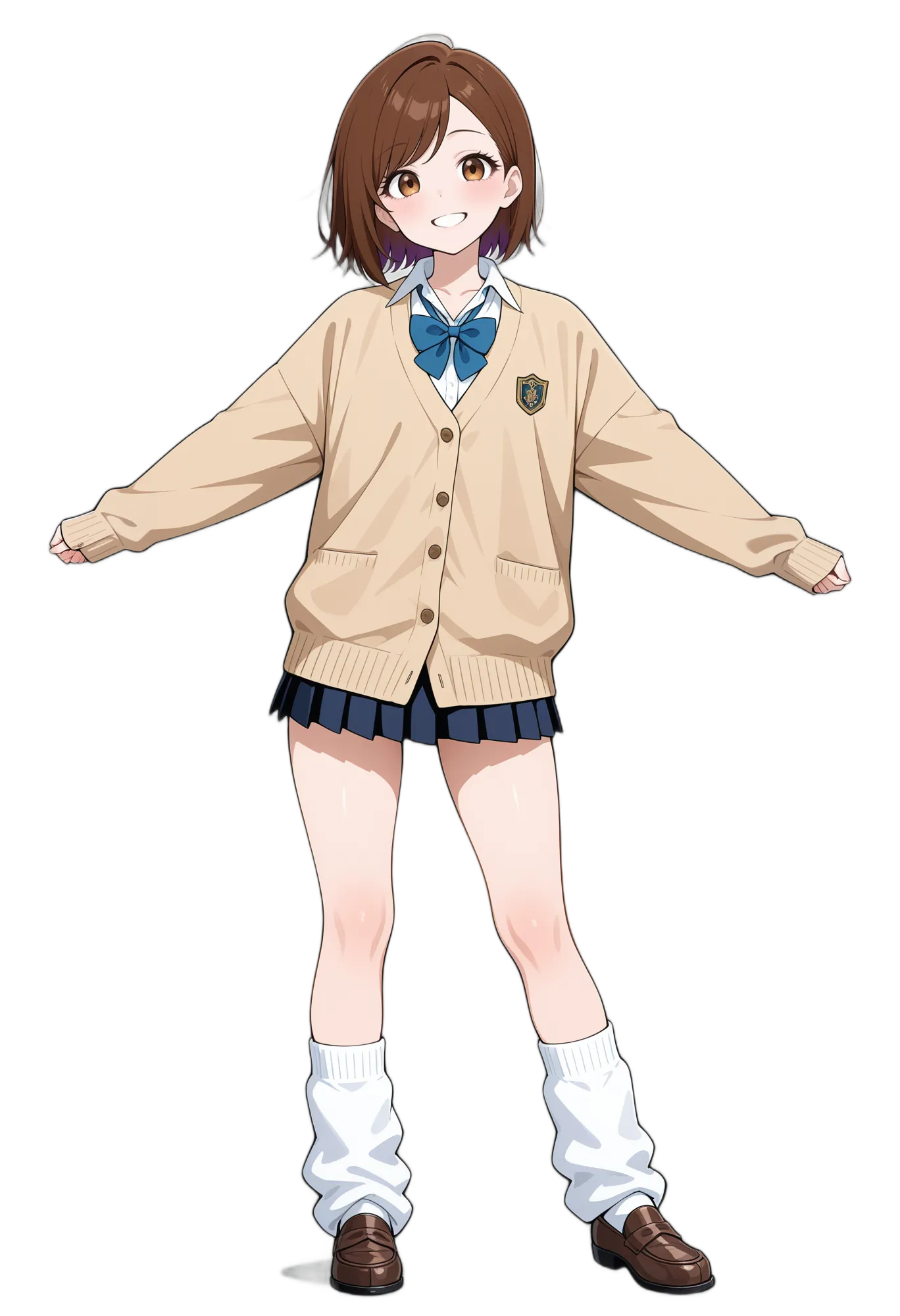 アニメイラスト-女子高校生-カーディガン-ショートヘア-制服-蝶ネクタイ-AI人物素材