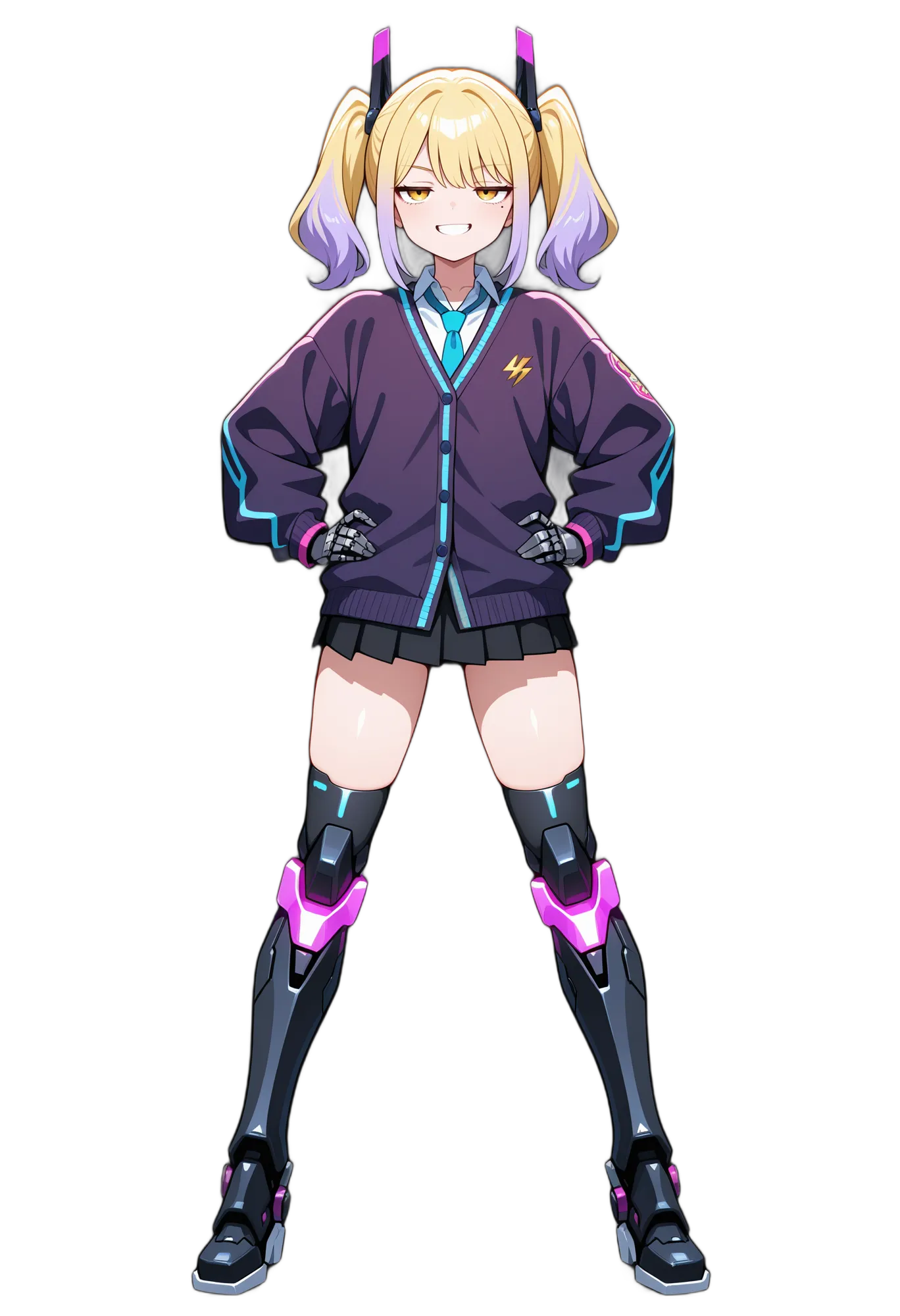 アニメイラスト-機械-カーディガン-ブーツ-白シャツ-女性-AI人物素材