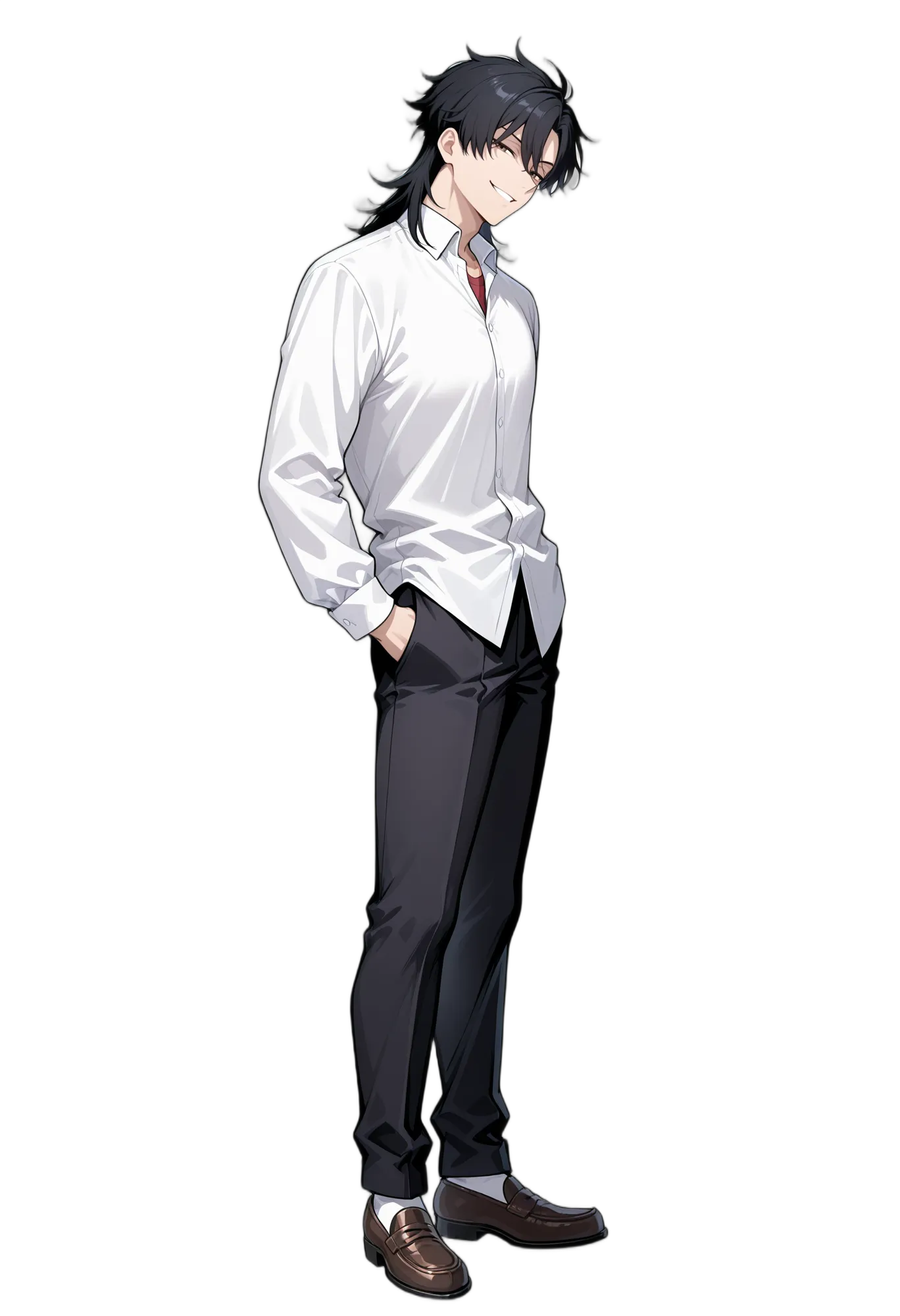 アニメイラスト-学生-閉じた目-ローファー-シャツ-男性-AI人物素材