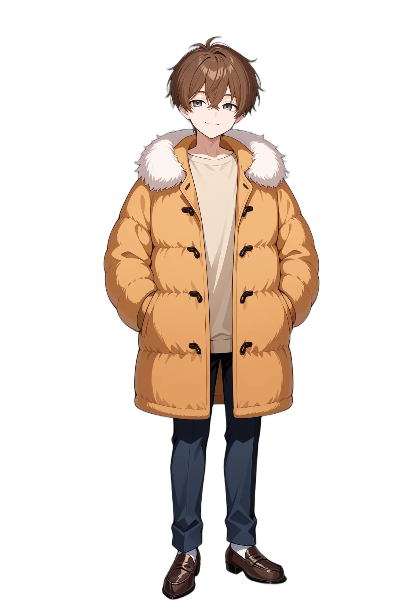 アニメイラスト-カジュアル-コート-シャツ-毛皮-男性-AI人物素材