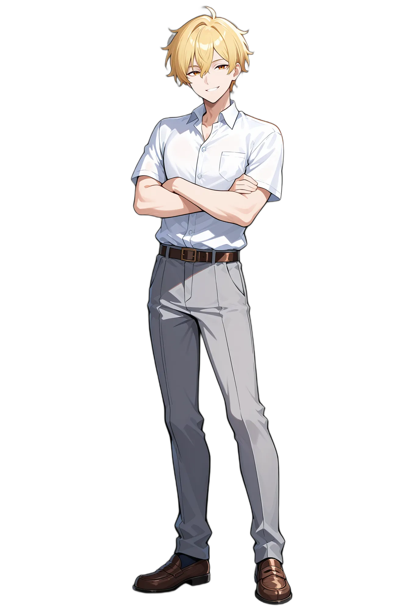 アニメイラスト-男子高校生-腕組み-ズボン-金髪-ベルト-AI人物素材