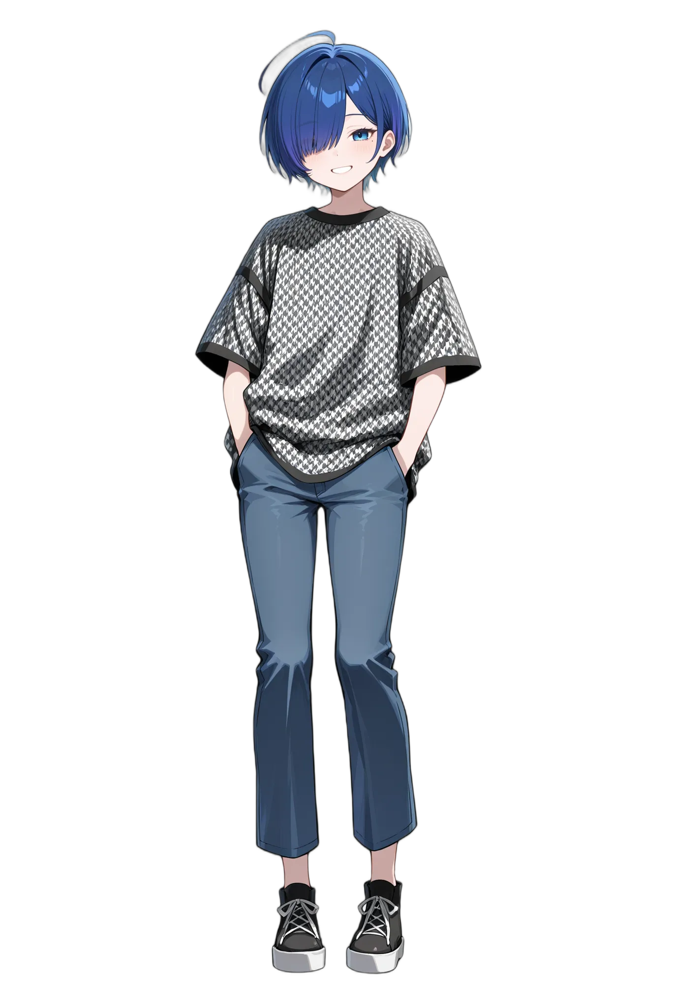 アニメイラスト-カジュアル-デニム-青髪-シャツ-女性-AI人物素材