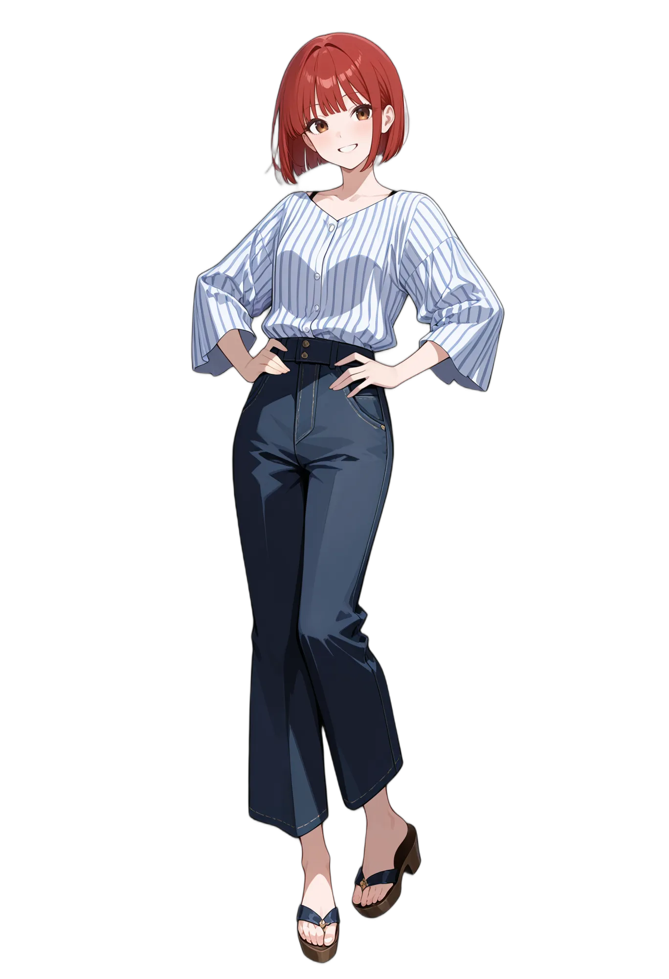 アニメイラスト-私服-デニム-ブラウンアイ-長袖-女性-AI人物素材