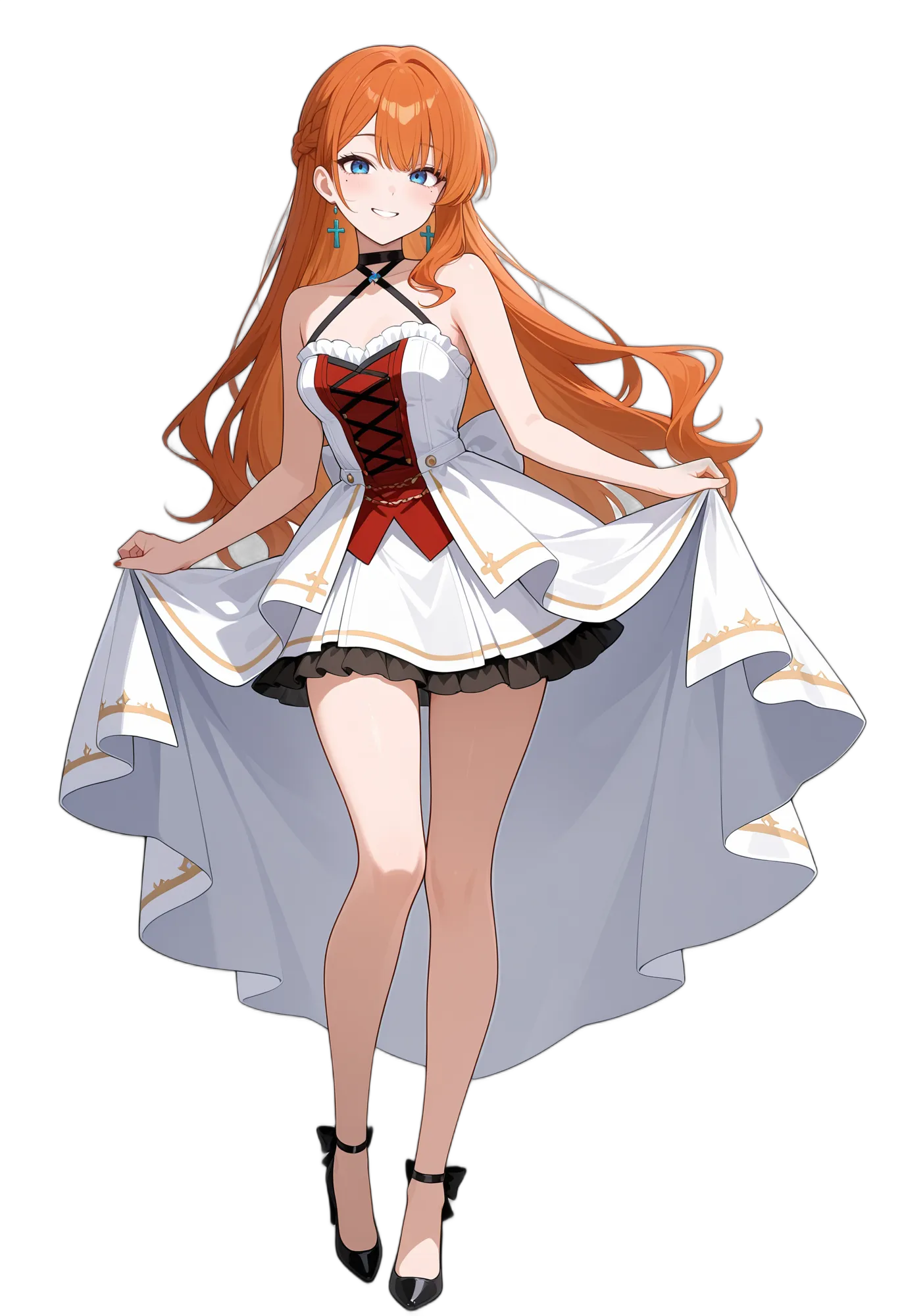 アニメイラスト-カジュアル-ドレス-宝石-オレンジ髪-女性-AI人物素材
