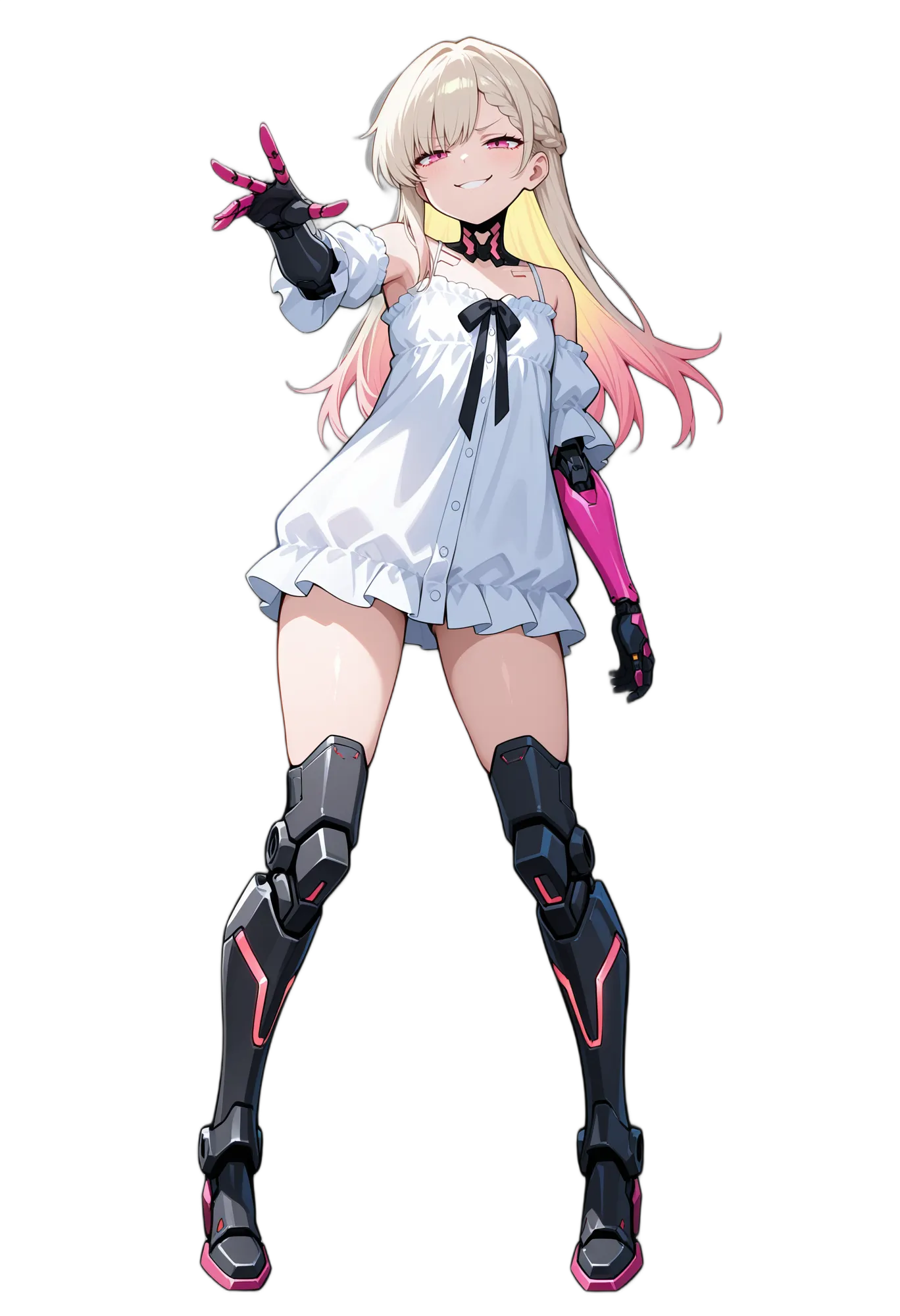 アニメイラスト-機械-ドレス-マルチカラーヘア-三つ編み-女性-AI人物素材