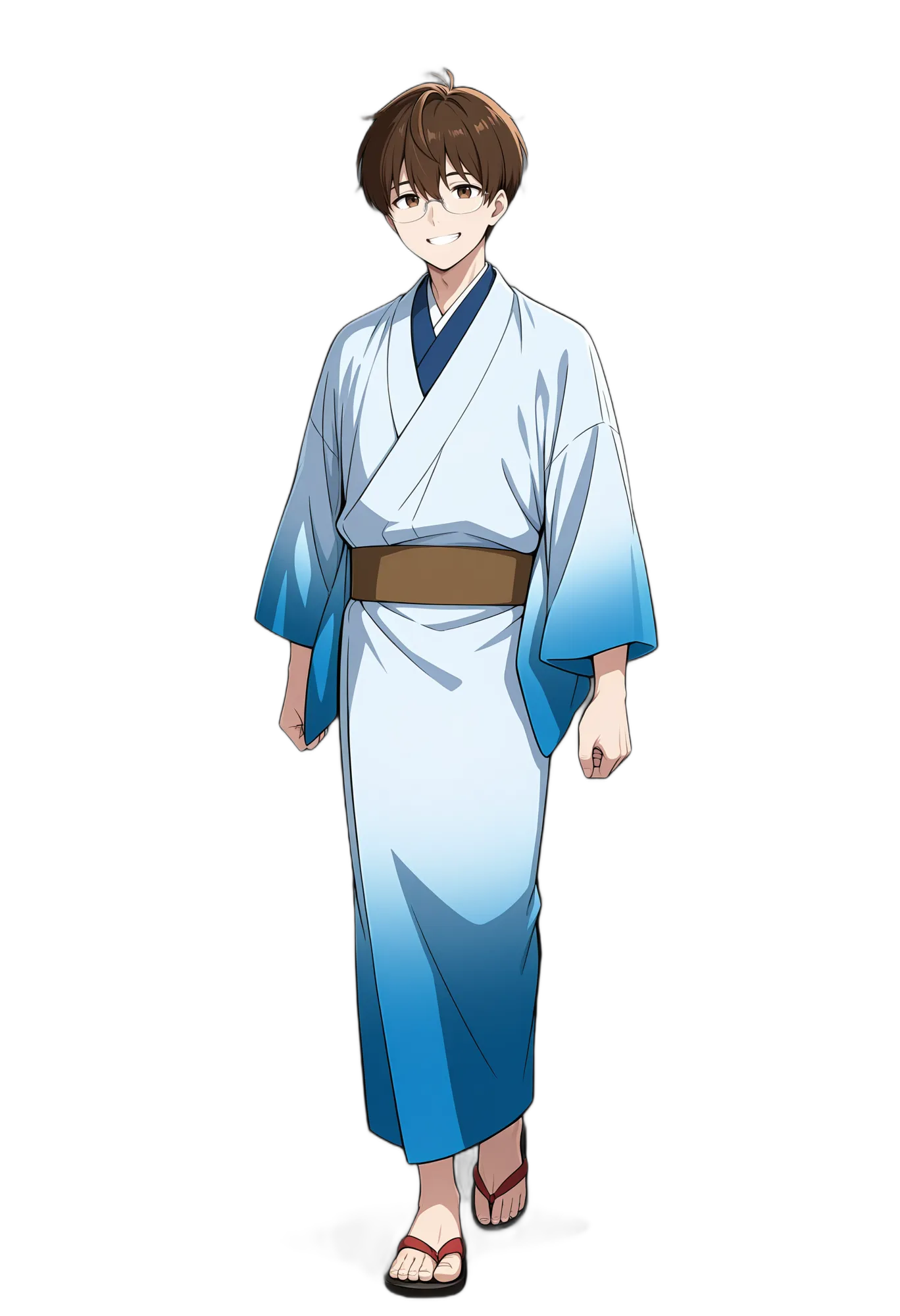 アニメイラスト-和服-メガネ-茶髪-サンダル-男性-AI人物素材