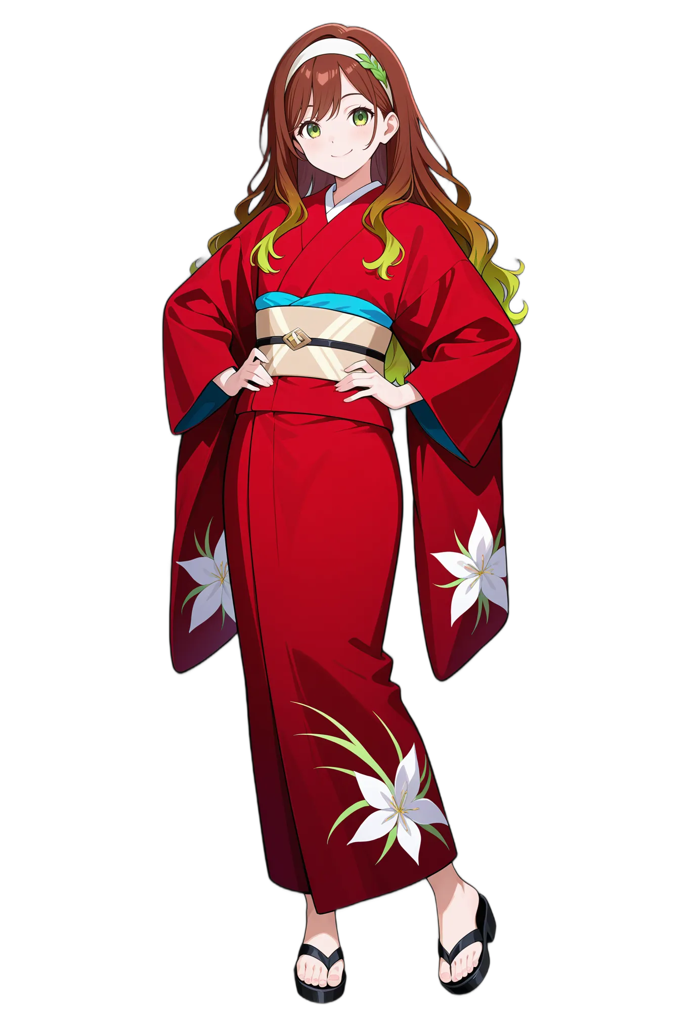 アニメイラスト-着物-グラデーションヘア-着物-和服-女性-AI人物素材