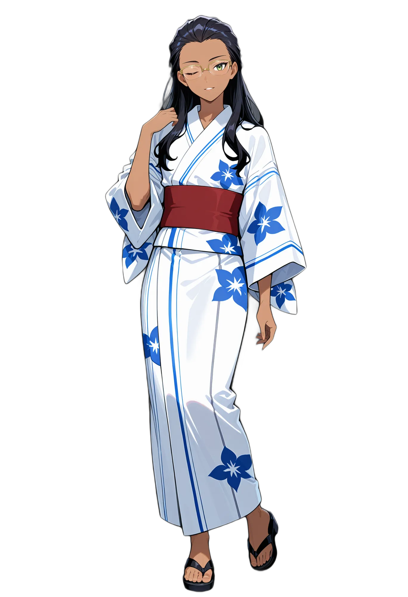 アニメイラスト-着物-グリーンアイ-花柄-サンダル-女性-AI人物素材