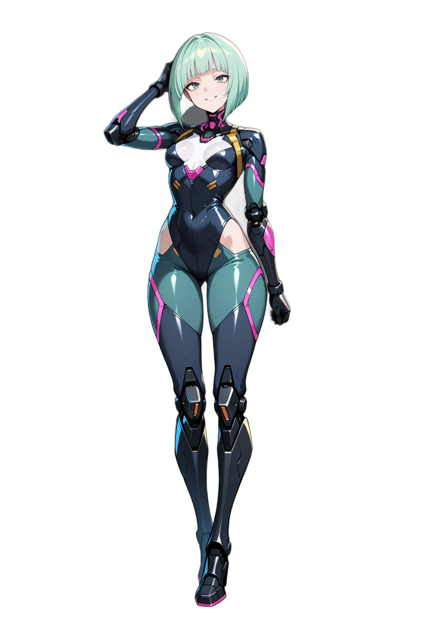 アニメイラスト-SF-グリーンアイ-緑髪-ショートヘア-女性-AI人物素材