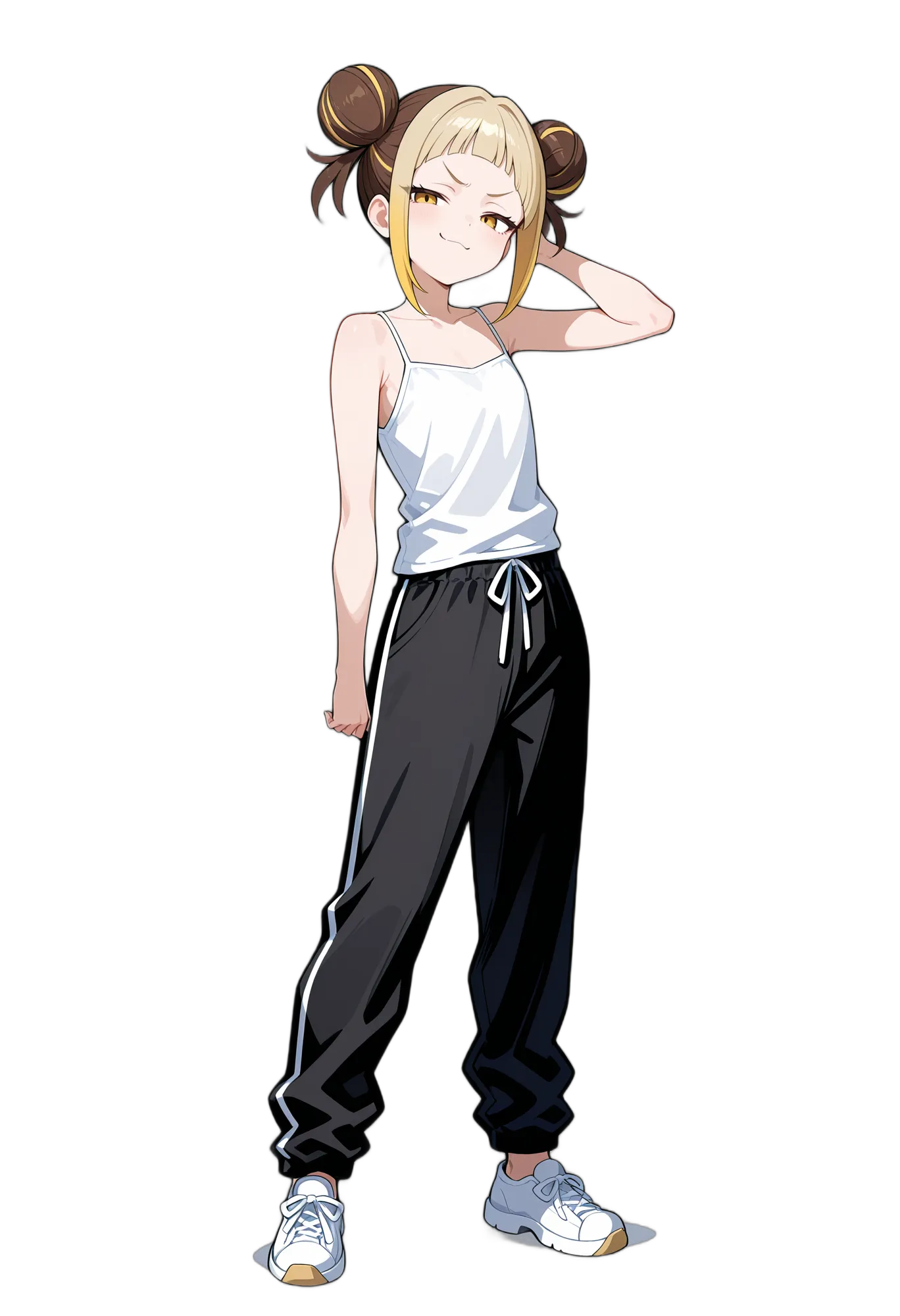 アニメイラスト-私服-お団子ヘアー-ショートヘア-笑顔-女性-AI人物素材