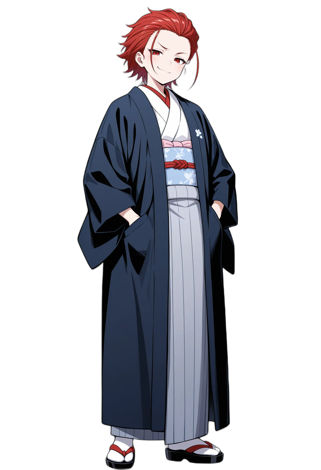 アニメイラスト-着物-袴-赤髪-長袖-女性-AI人物素材