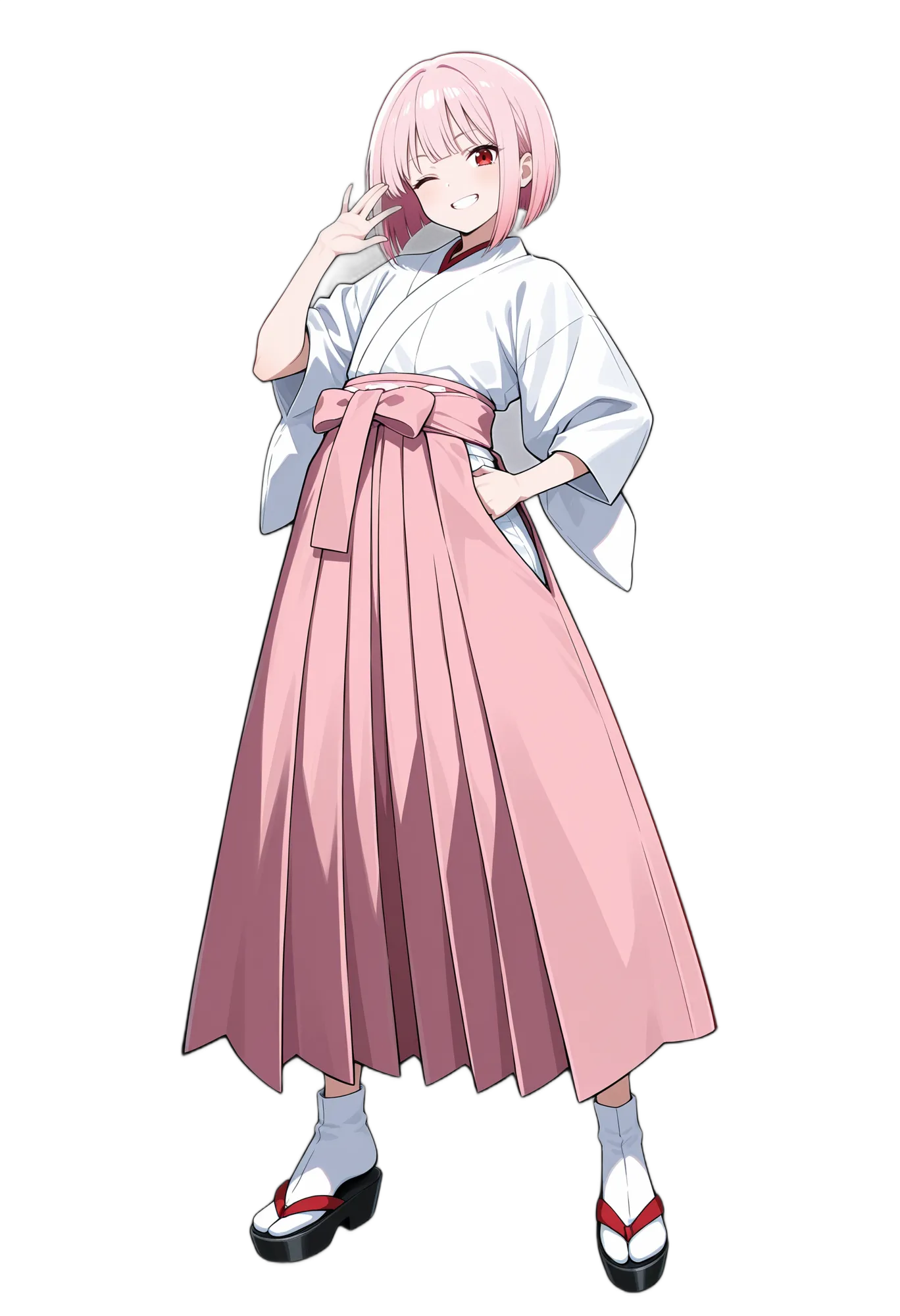 アニメイラスト-着物-袴-足袋-ウィンク-女性-AI人物素材