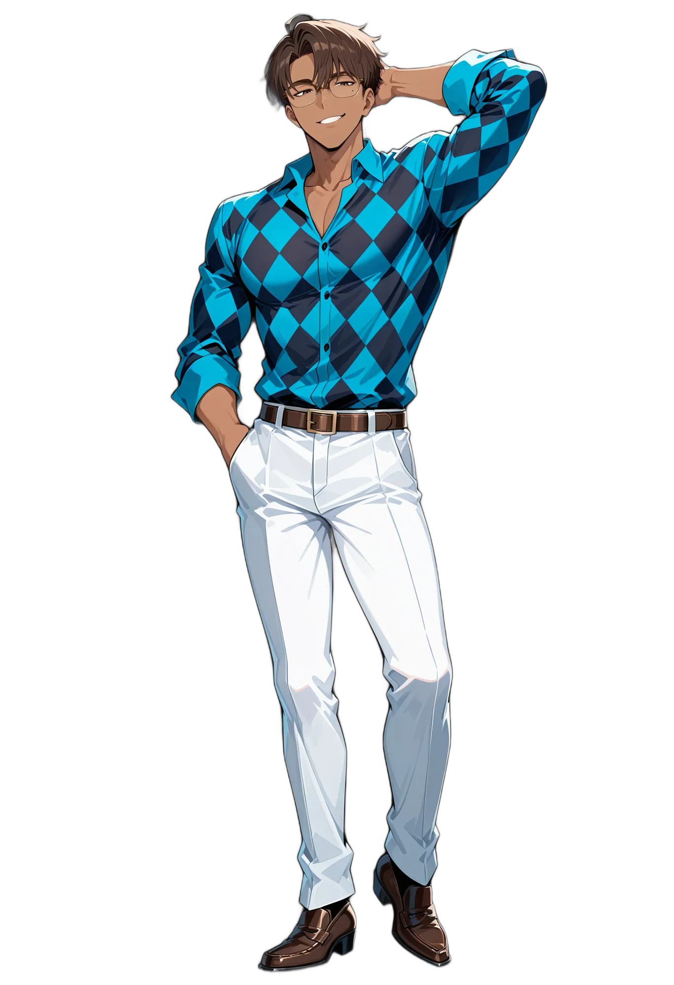 アニメイラスト-私服-ポケットに手-ズボン-ショートヘア-男性-AI人物素材