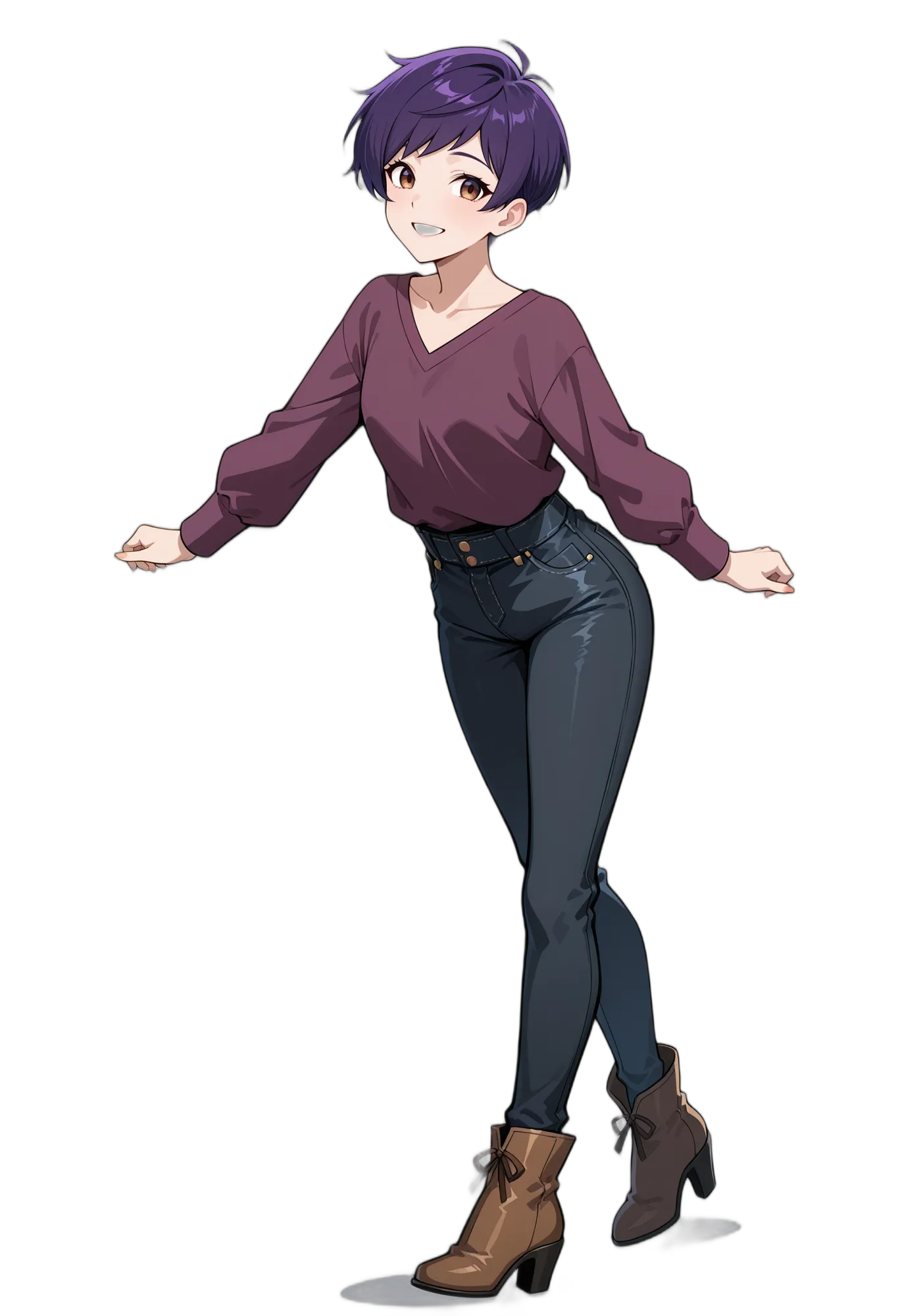 アニメイラスト-カジュアル-ハイヒール-シャツ-デニム-女性-AI人物素材