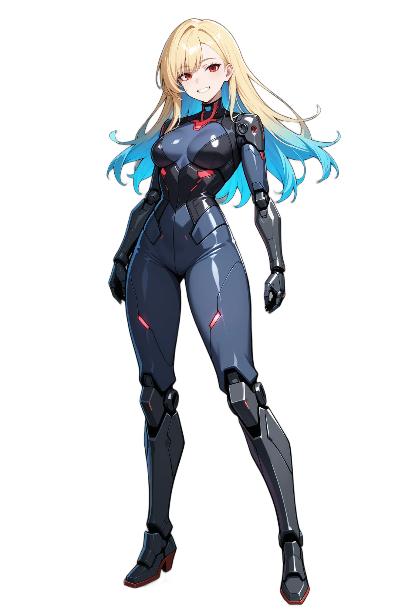 アニメイラスト-機械-ハイヒール-レッドアイ-青髪-女性-AI人物素材