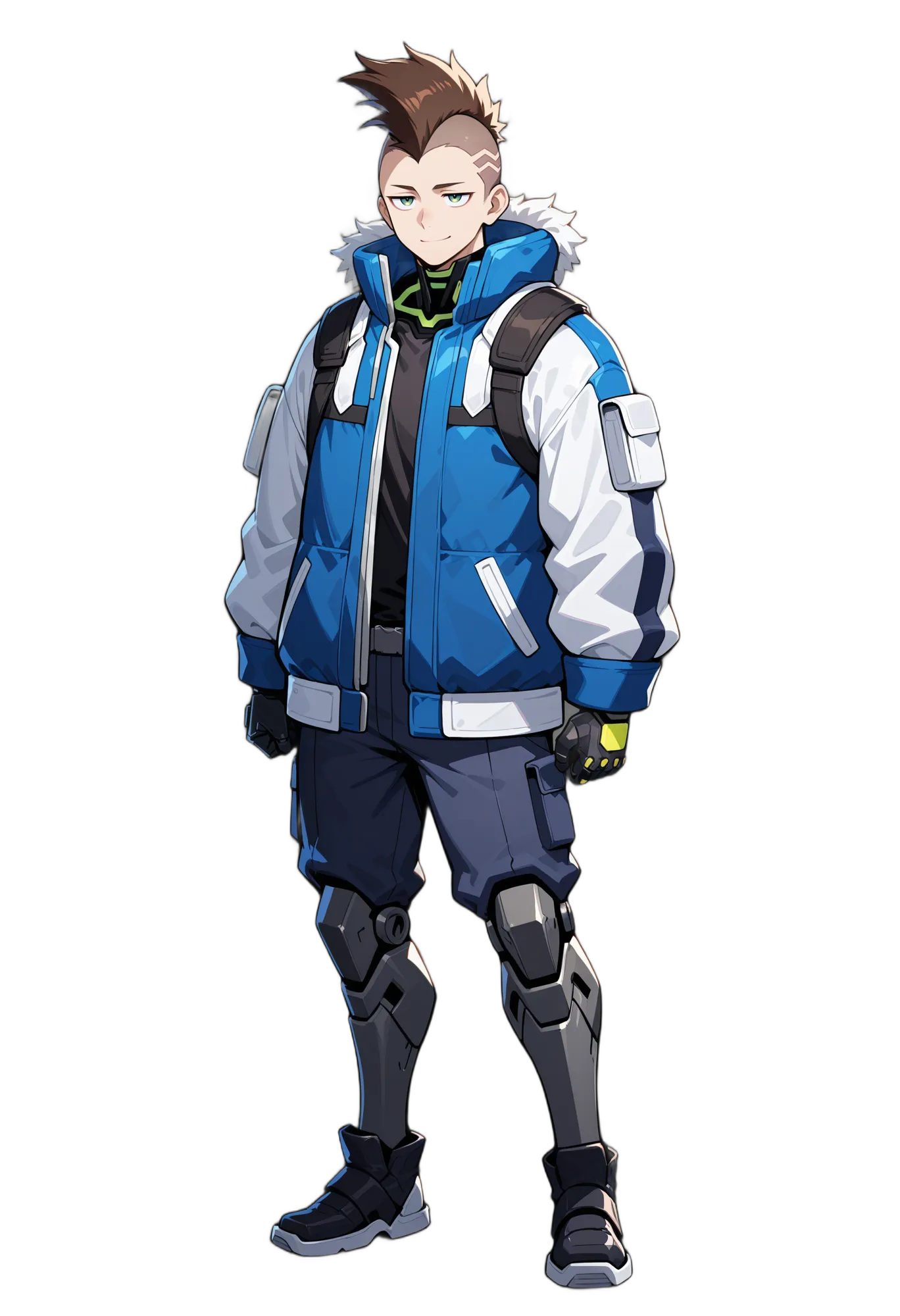 アニメイラスト-機械-ジャケット-ブーツ-笑顔-男性-AI人物素材