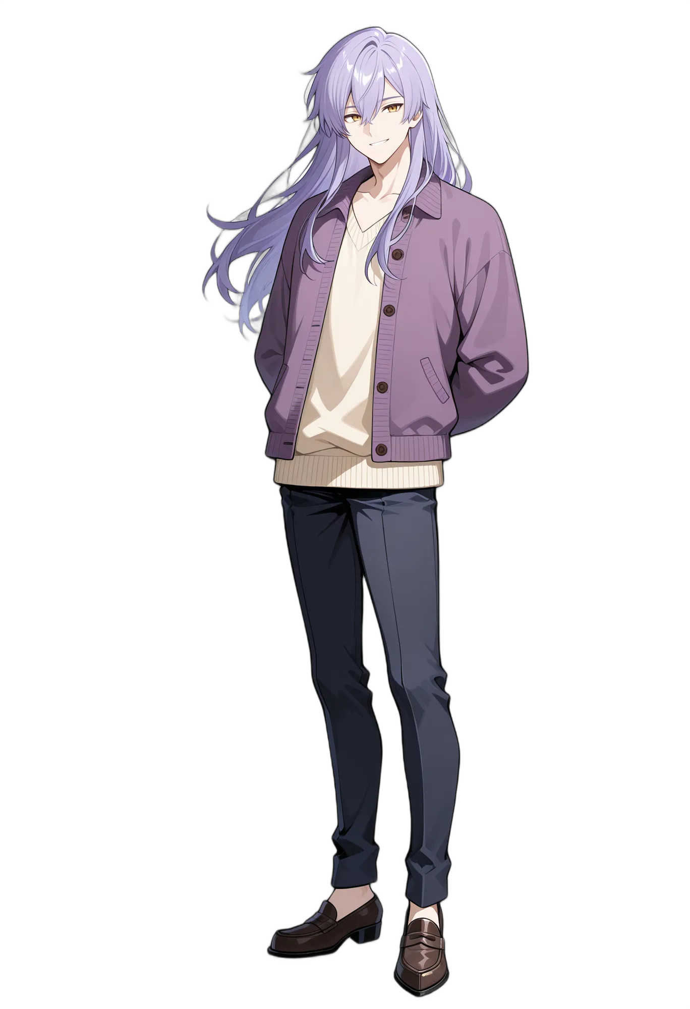 アニメイラスト-普段着-ジャケット-笑顔-長袖-男性-AI人物素材
