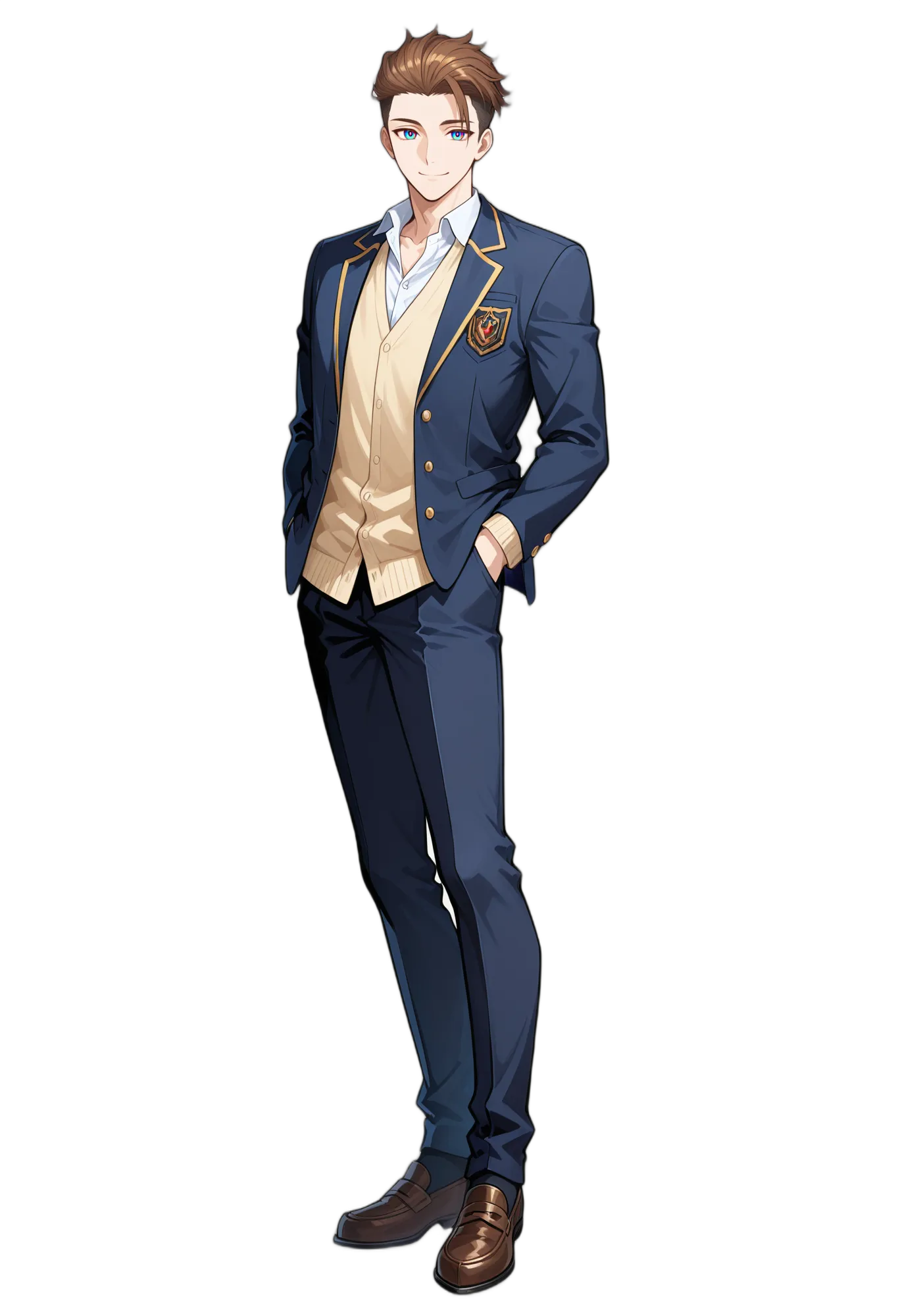 アニメイラスト-男子高校生-ジャケット-ポケットに手-シャツ-制服-AI人物素材