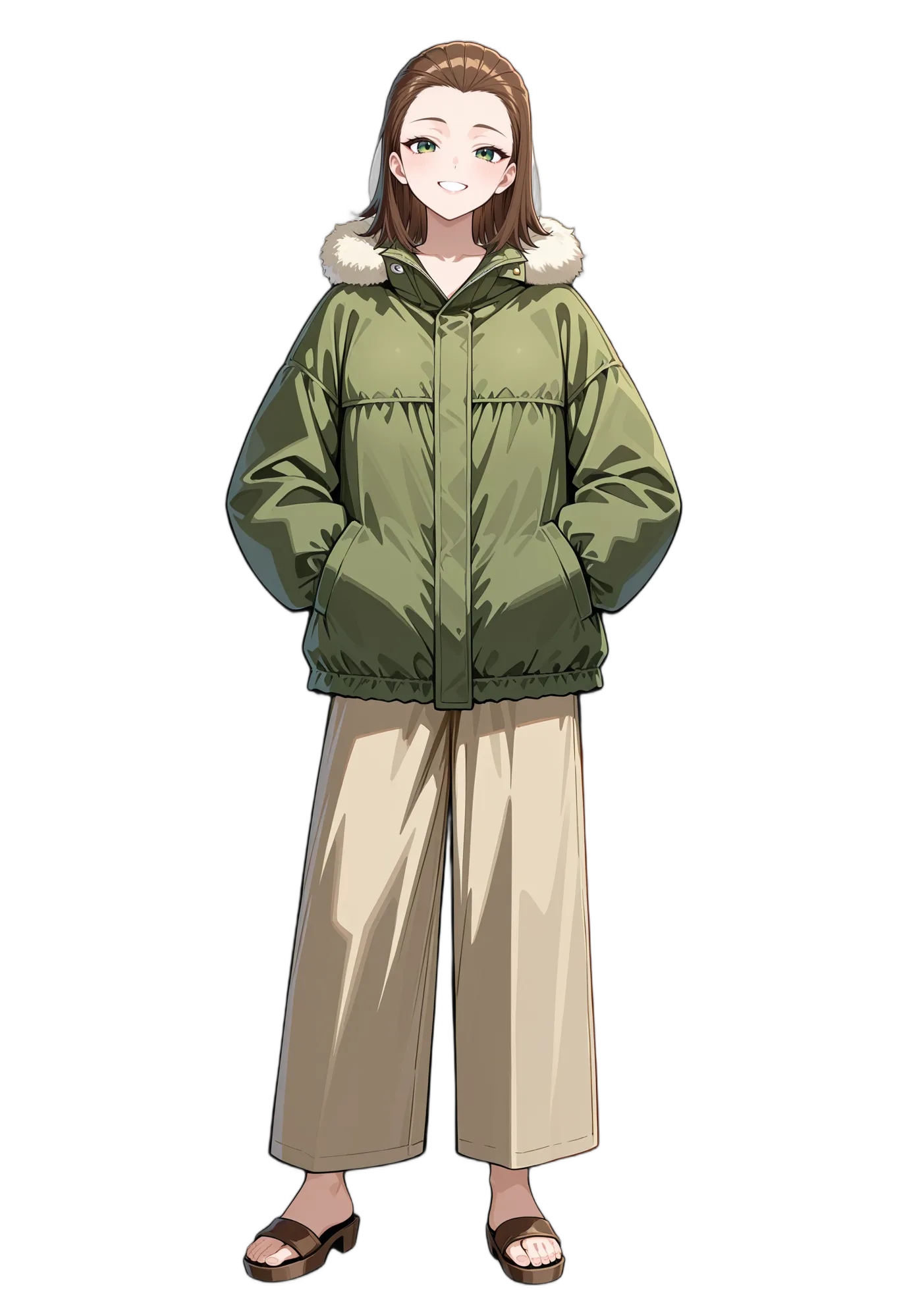 アニメイラスト-カジュアル-ジャケット-毛皮-茶髪-女性-AI人物素材