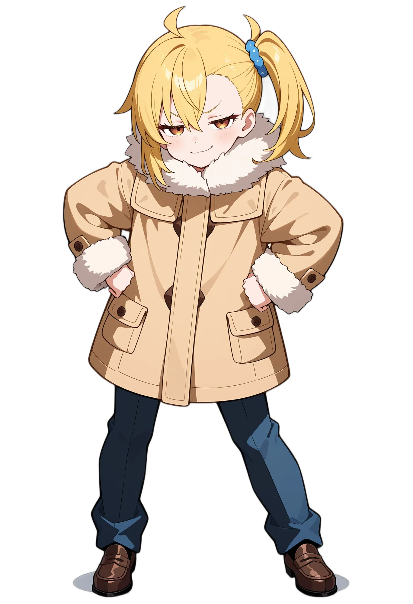 アニメイラスト-私服-ジャケット-毛皮-笑顔-女性-AI人物素材