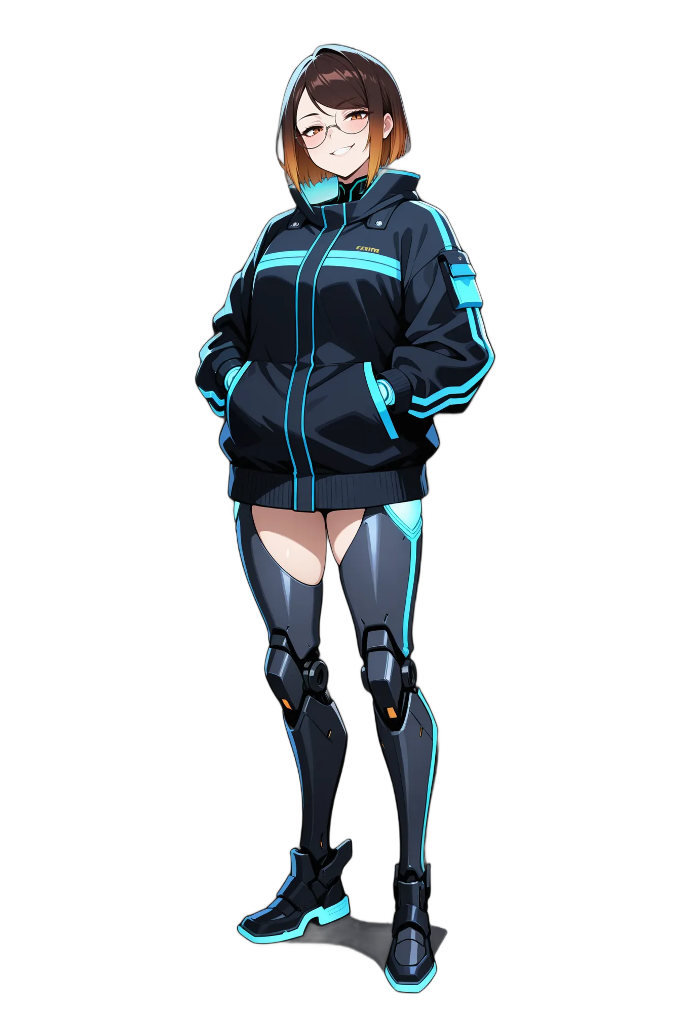 アニメイラスト-SF-ジャケット-笑顔-ショートヘア-女性-AI人物素材
