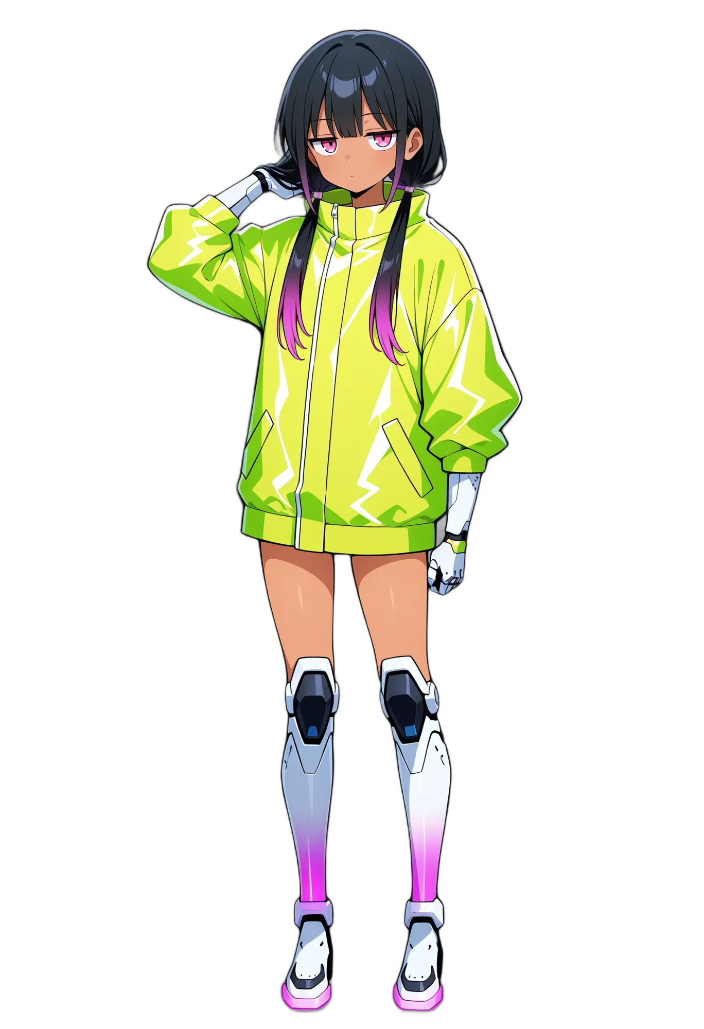 アニメイラスト-SF-ジャケット-グラデーションヘア-マルチカラーヘア-女性-AI人物素材