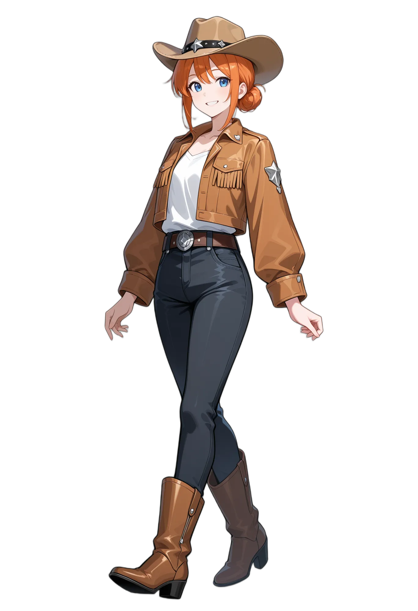 アニメイラスト-仕事-ジャケット-オレンジ髪-カウボーイハット-女性-AI人物素材