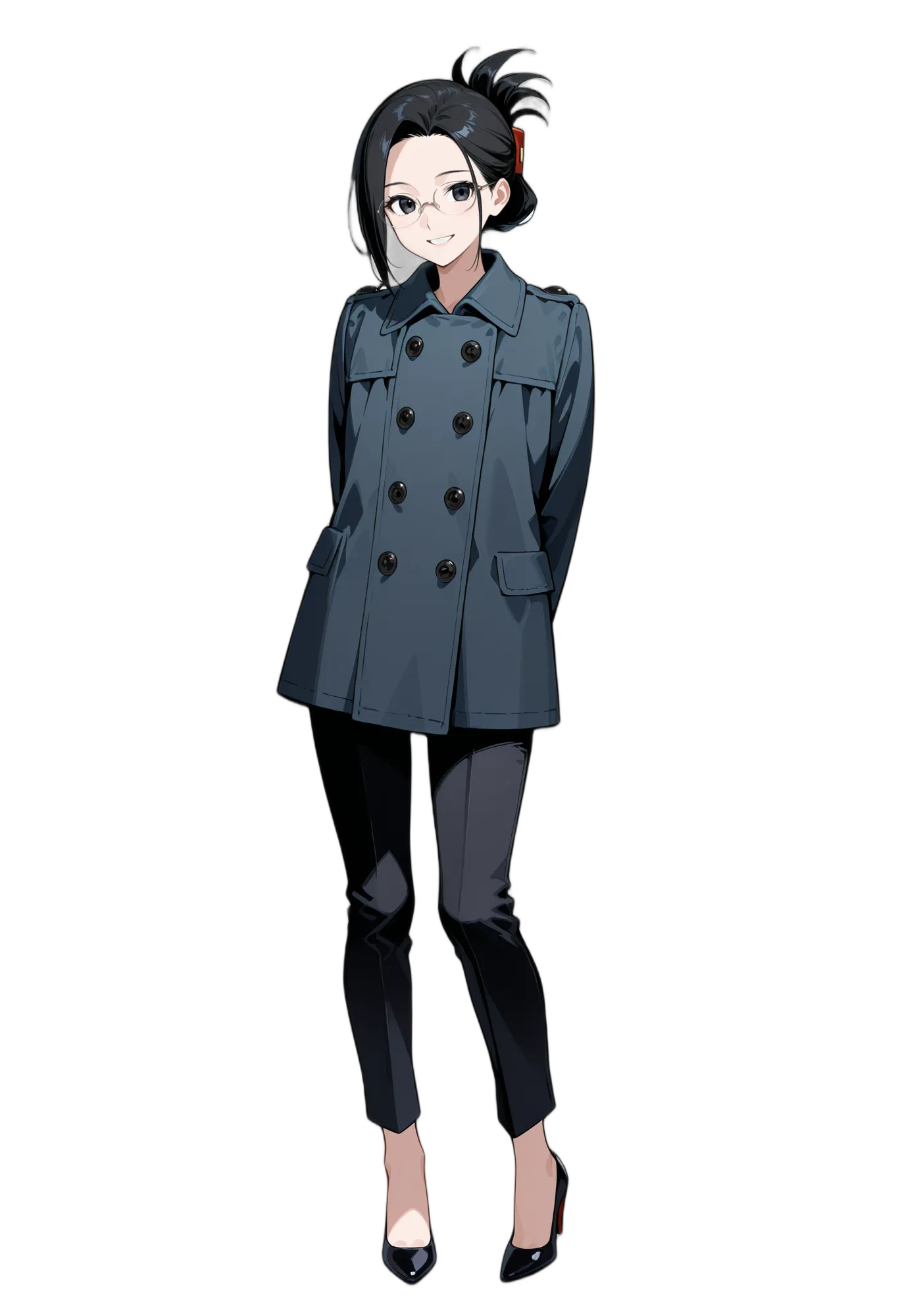 アニメイラスト-私服-ジャケット-黒いズボン-コート-女性-AI人物素材