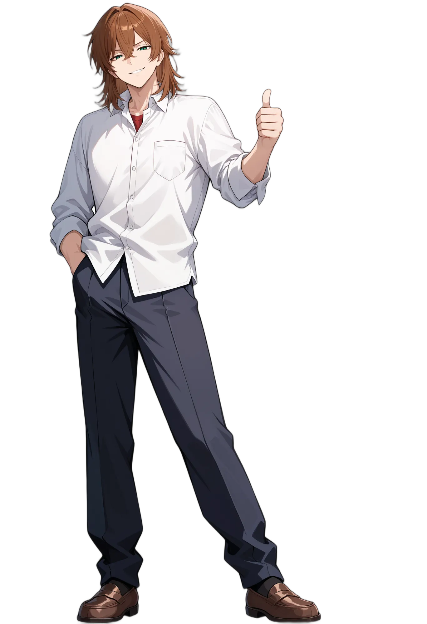 アニメイラスト-男子高校生-ローファー-黒いズボン-ポケットに手-シャツ-AI人物素材
