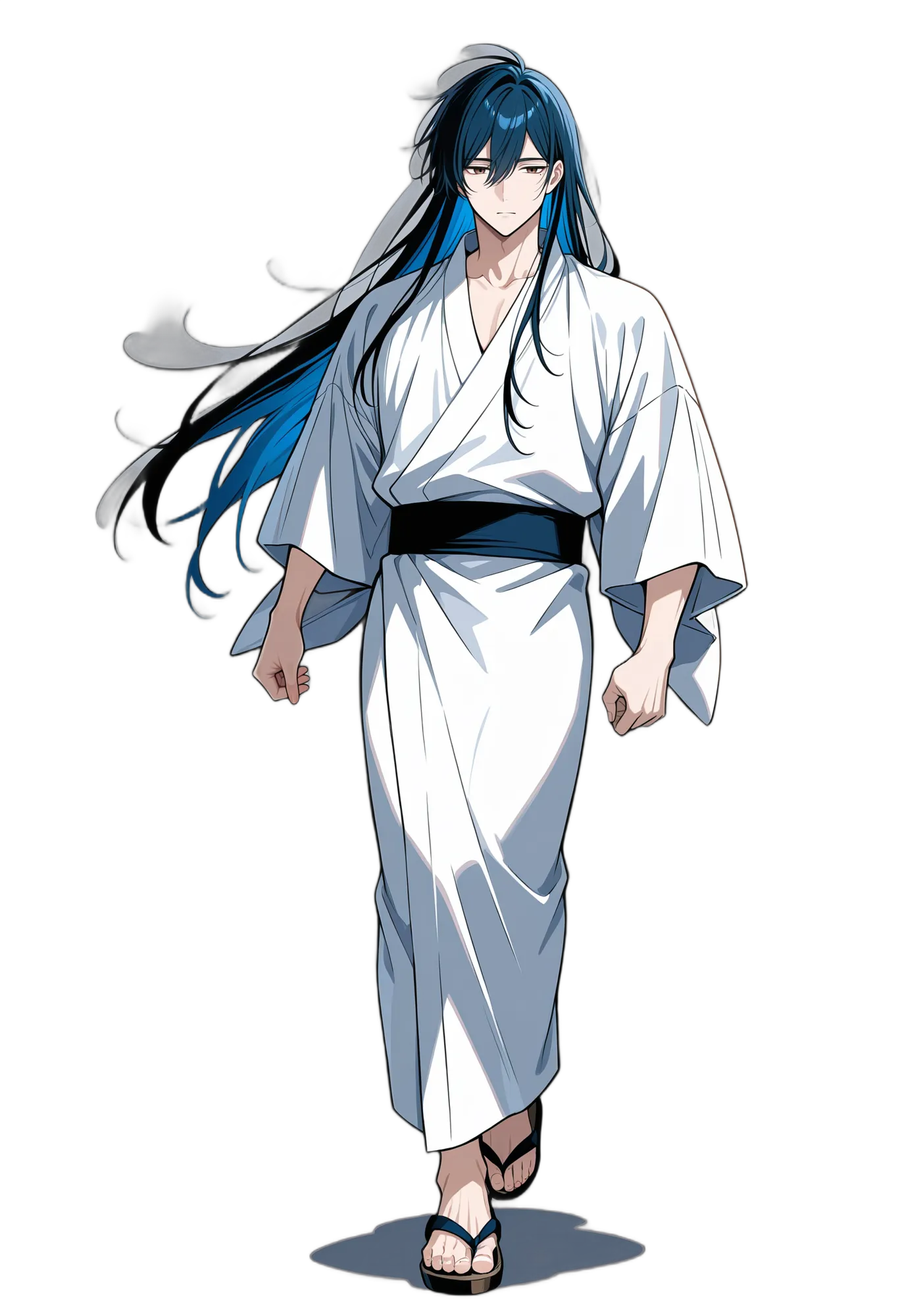 アニメイラスト-着物-ロングヘア-マルチカラーヘア-着物-男性-AI人物素材