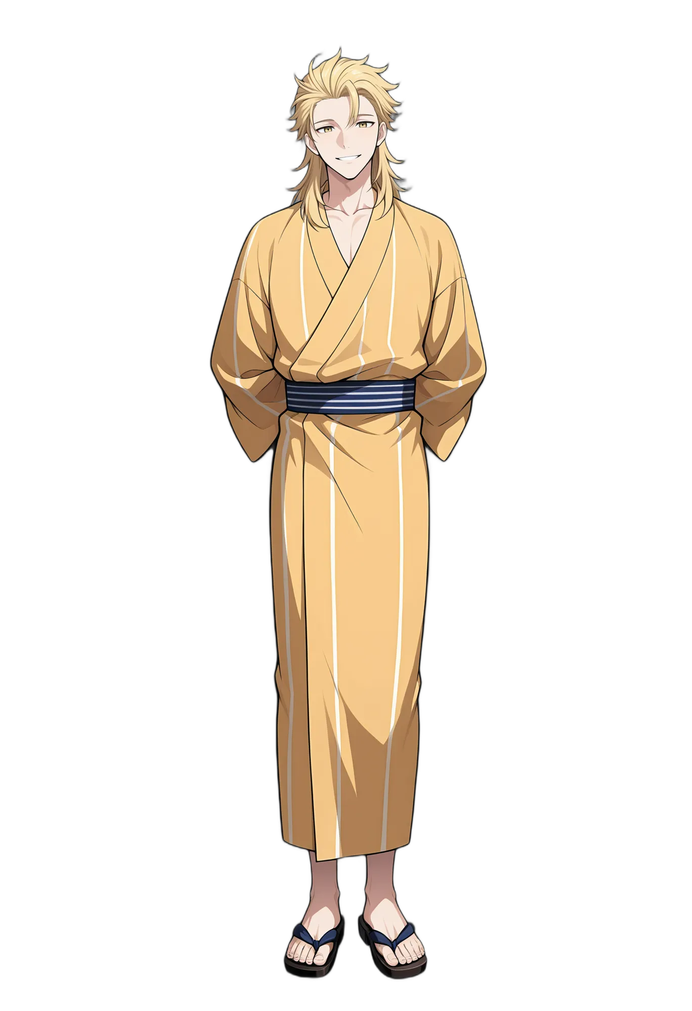 アニメイラスト-着物-ロングヘア-イエローアイ-金髪-男性-AI人物素材