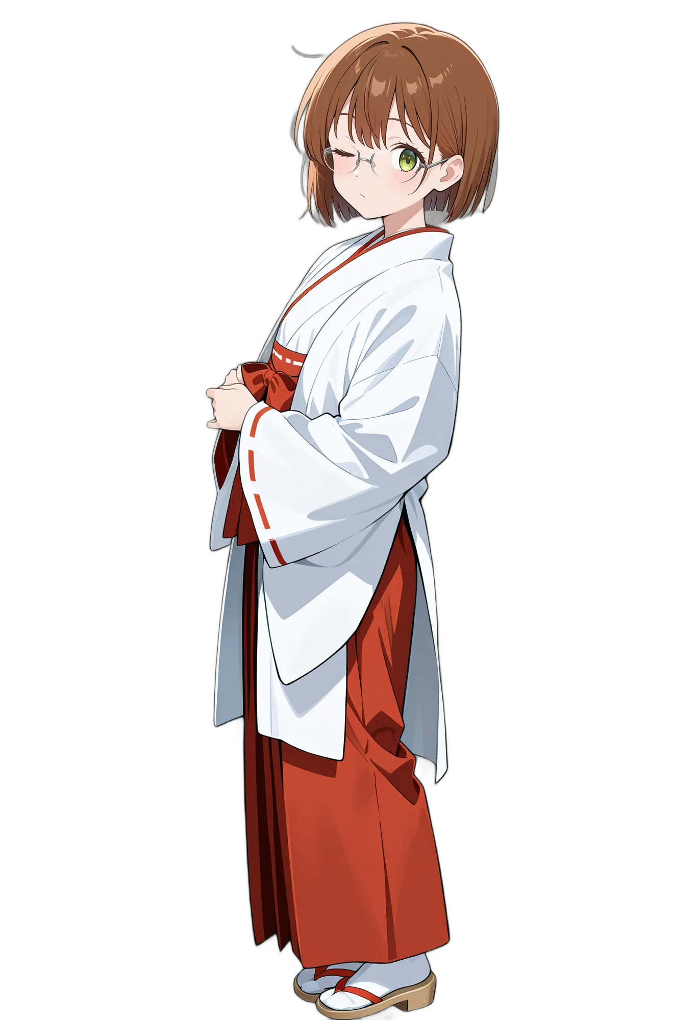 アニメイラスト-着物-巫女-長袖-ショートヘア-女性-AI人物素材