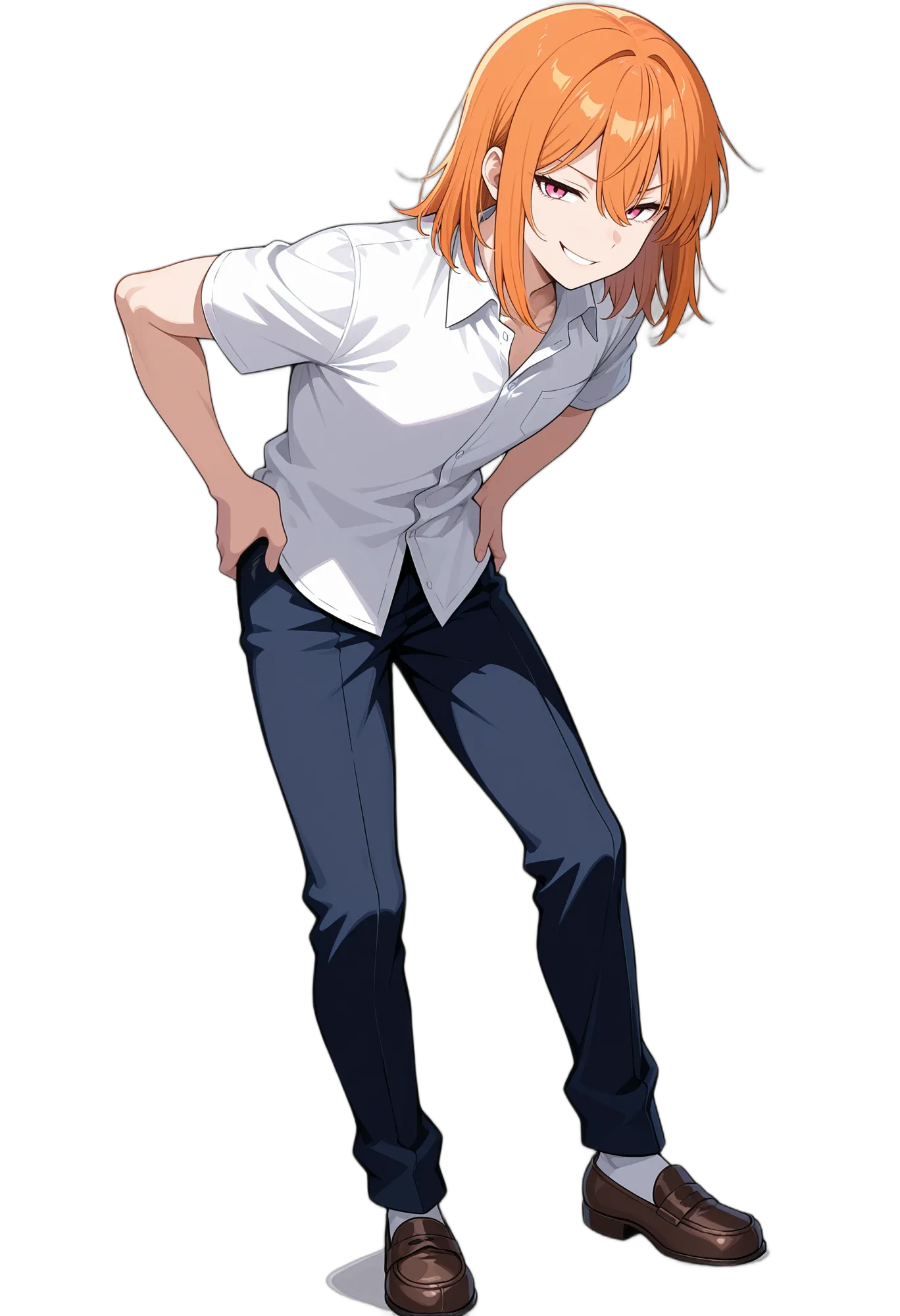 アニメイラスト-女子高校生-オレンジ髪-シャツ-笑顔-カッターシャツ-AI人物素材