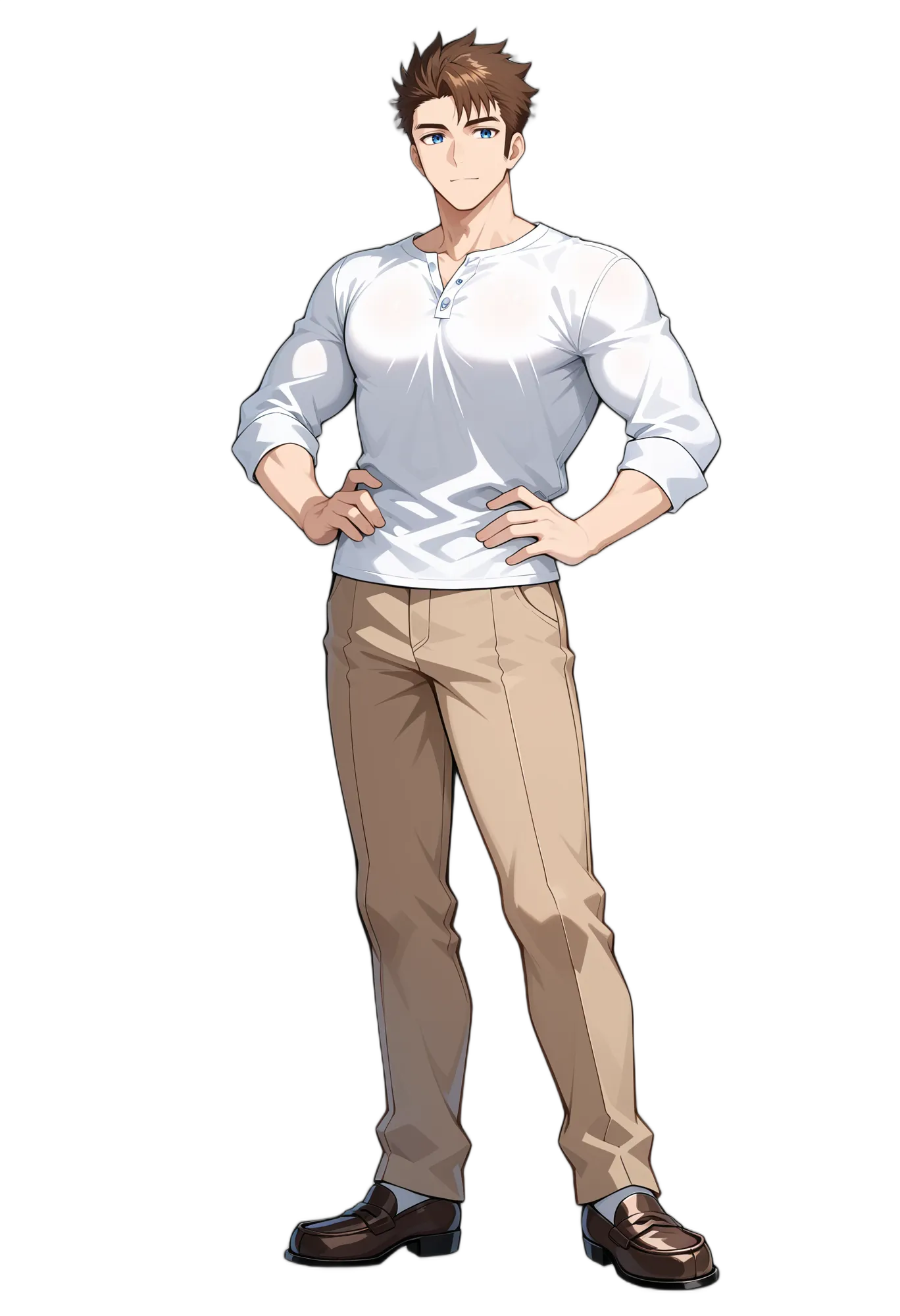 アニメイラスト-私服-ズボン-茶髪-カッターシャツ-男性-AI人物素材