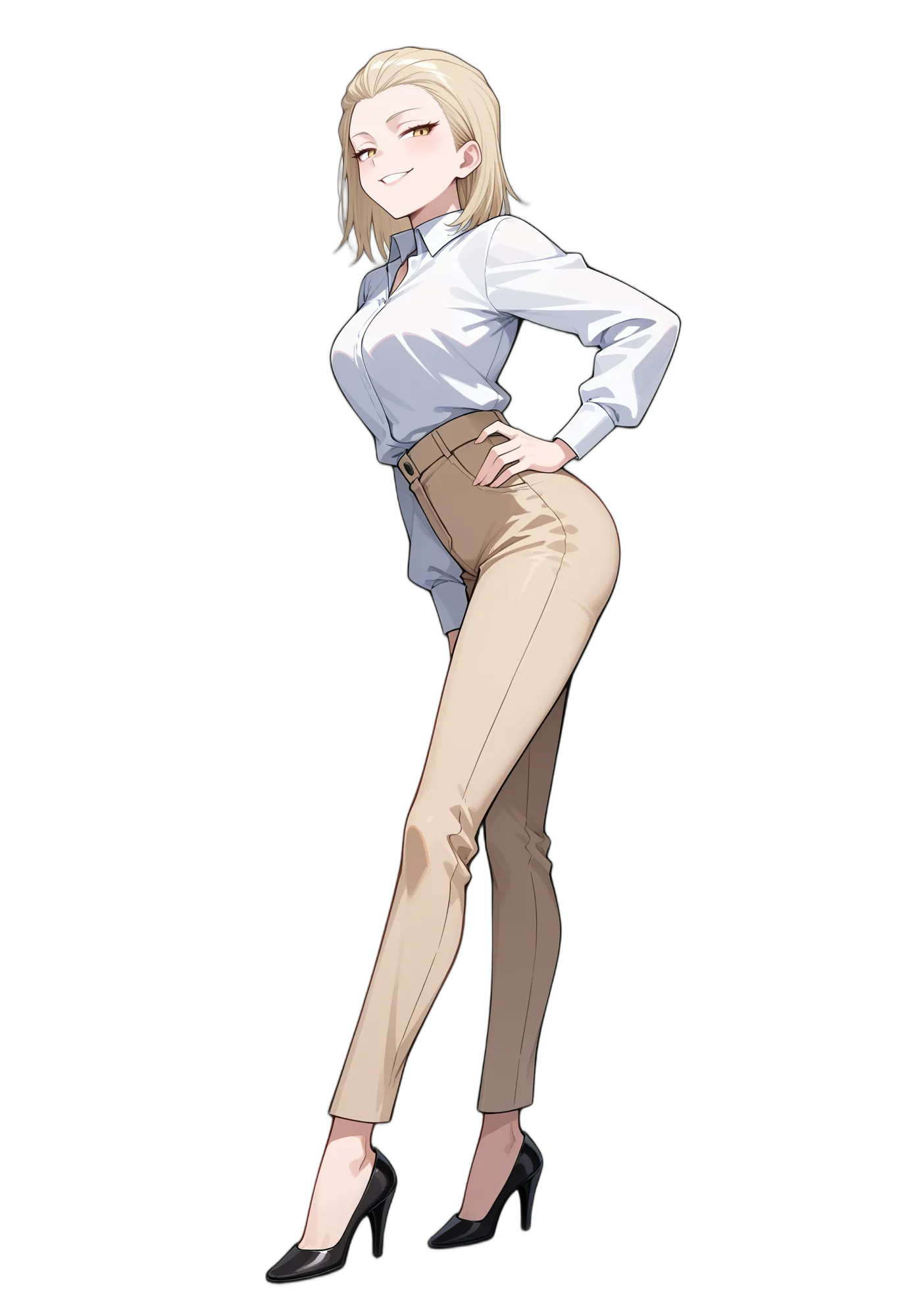 アニメイラスト-普段着-ズボン-白シャツ-シャツイン-女性-AI人物素材