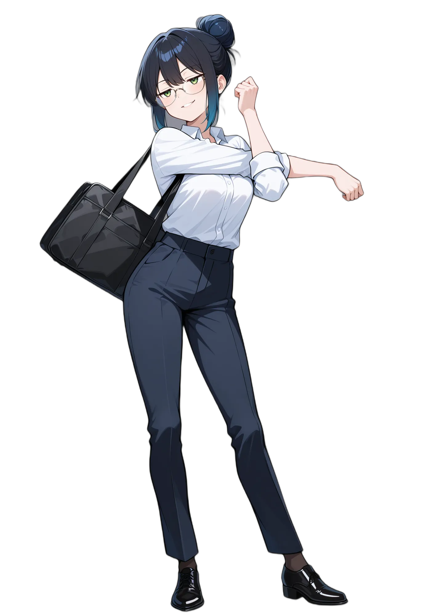アニメイラスト-OL-ズボン-白シャツ-バッグ-マルチカラーヘア-AI人物素材