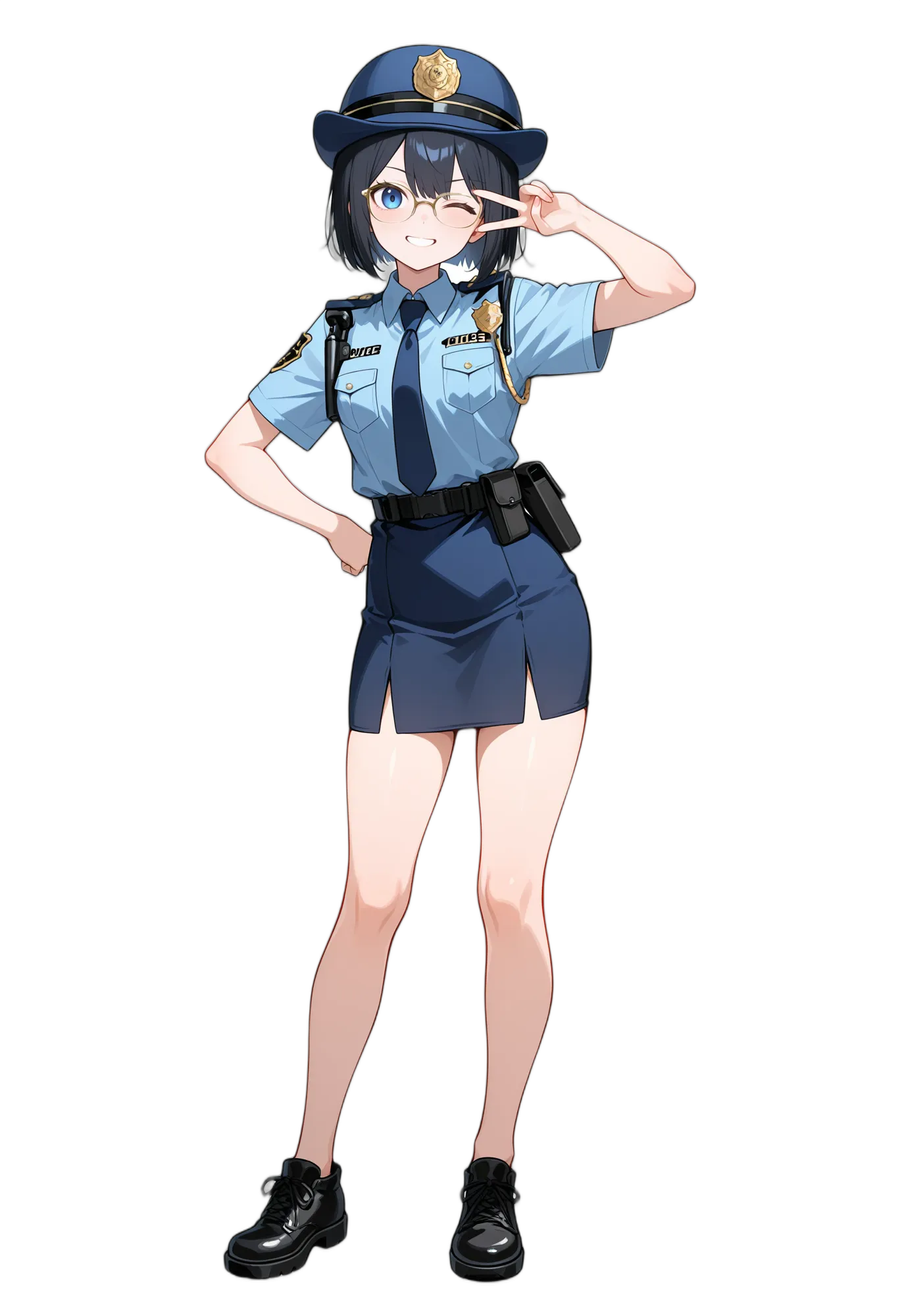 アニメイラスト-職業-警察-丸メガネ-黒靴-女性-AI人物素材