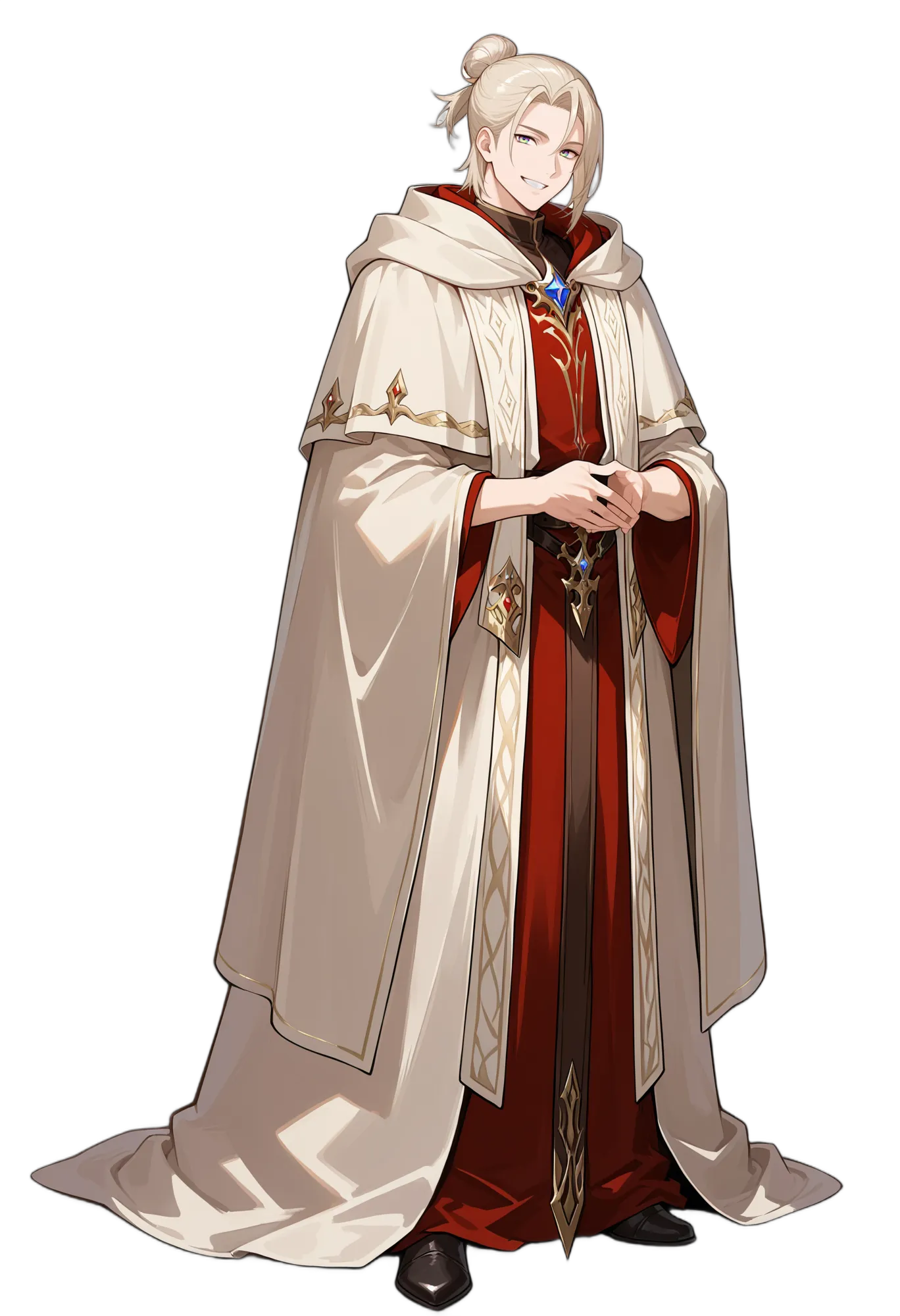 アニメイラスト-RPG-ローブ-フード-お団子ヘアー-男性-AI人物素材