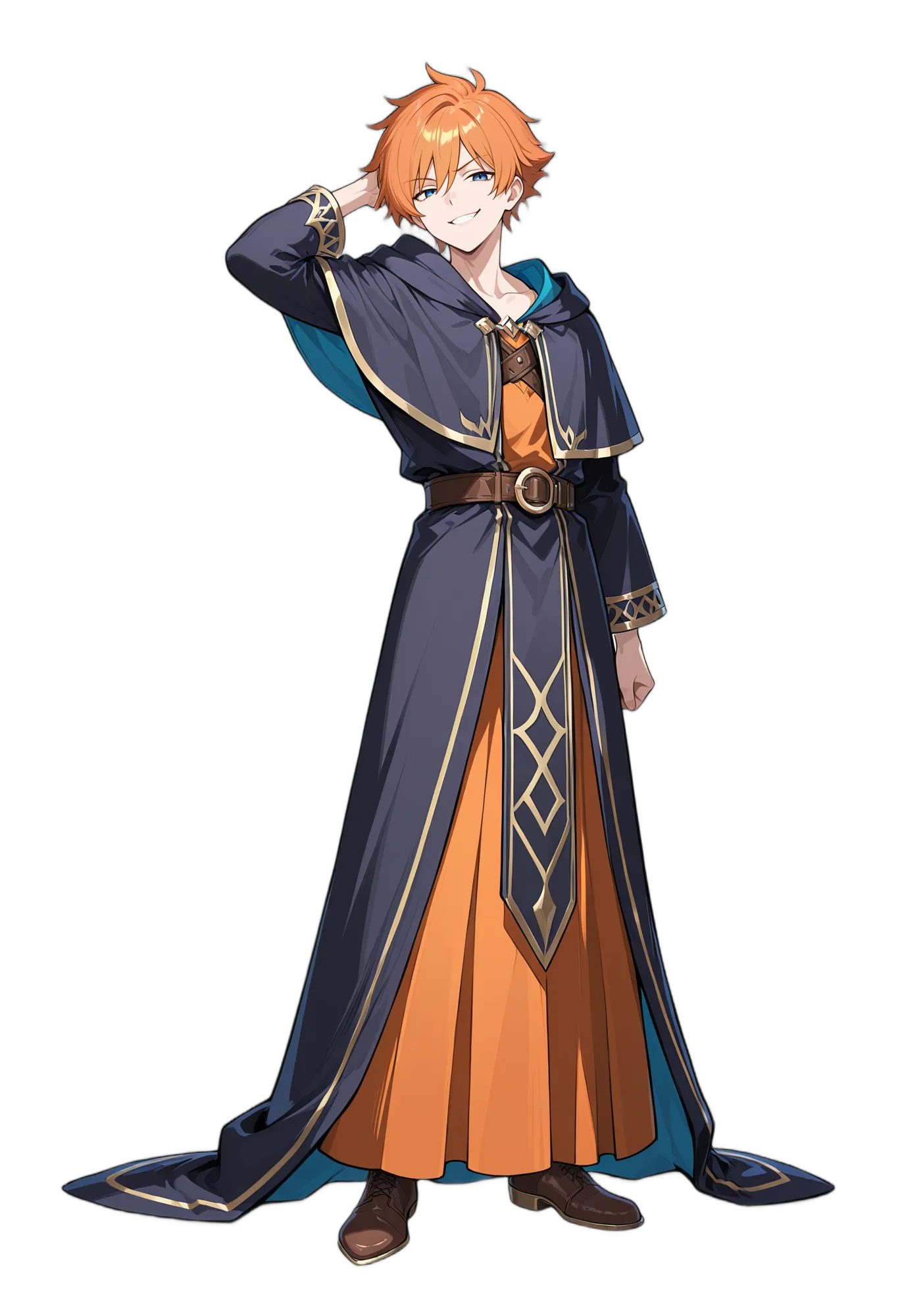 アニメイラスト-RPG-ローブ-ベルト-フード付きダウン-男性-AI人物素材