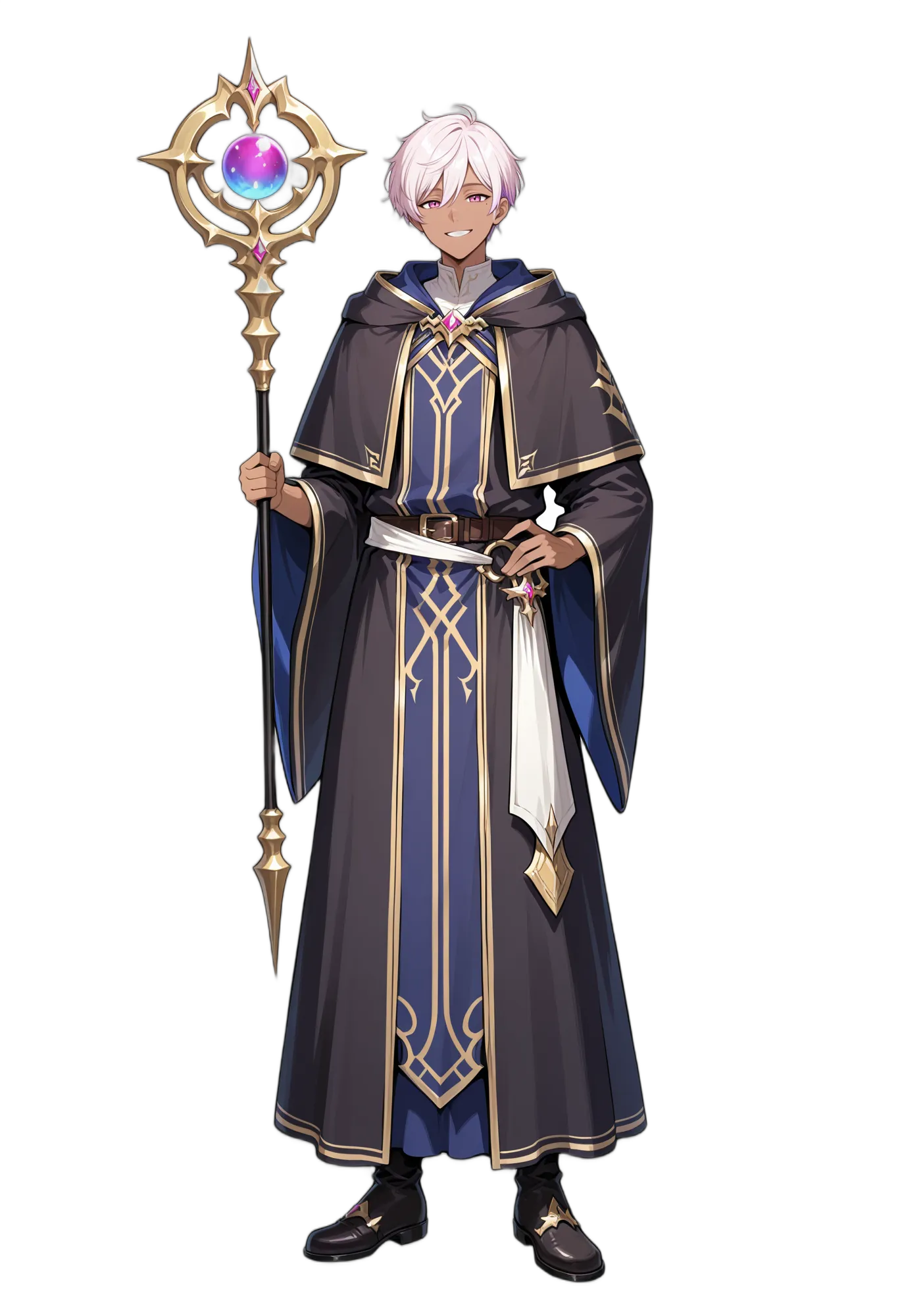 アニメイラスト-RPG-ローブ-パープルアイ-白髪-男性-AI人物素材