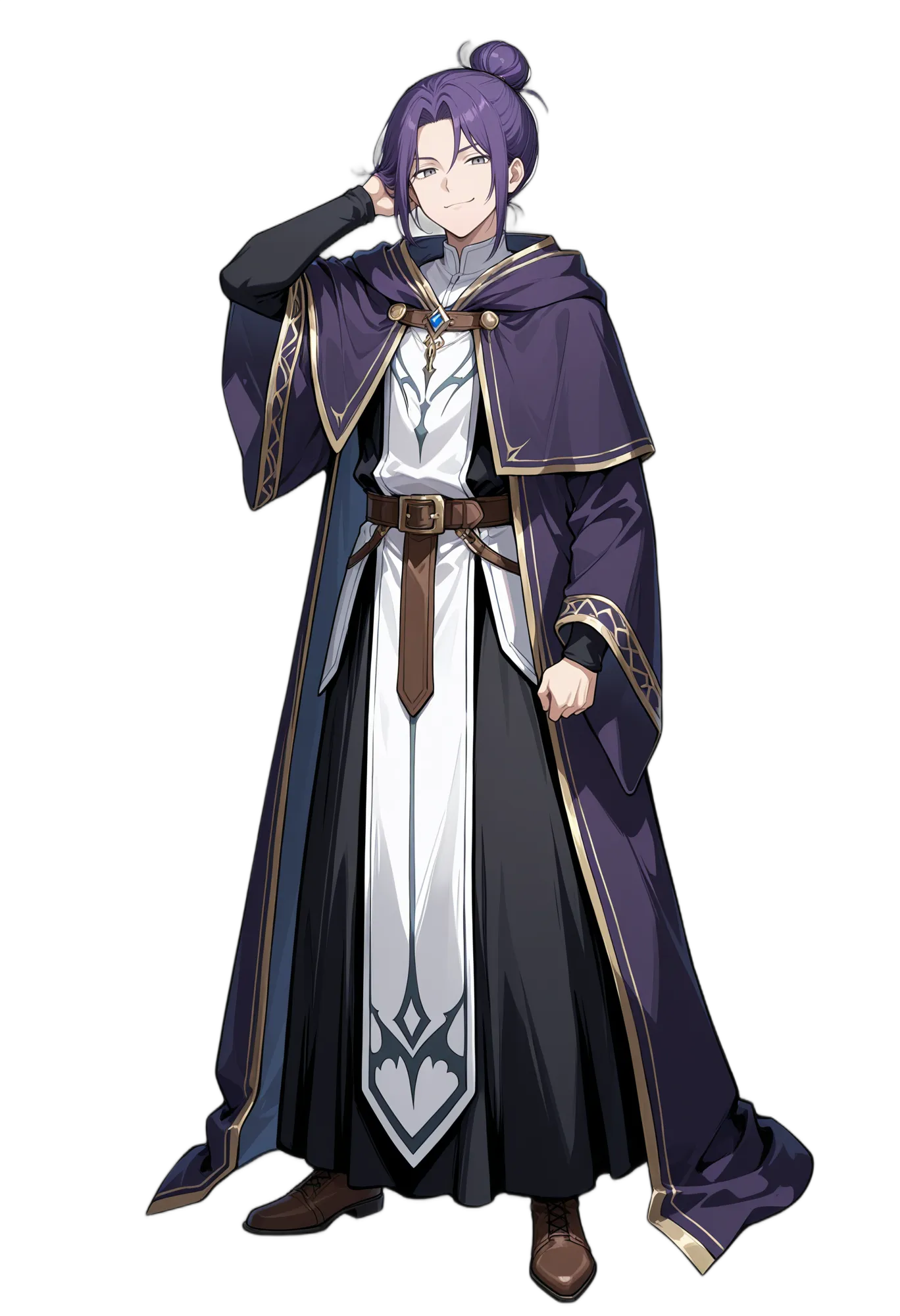 アニメイラスト-RPG-ローブ-お団子ヘアー-笑顔-男性-AI人物素材
