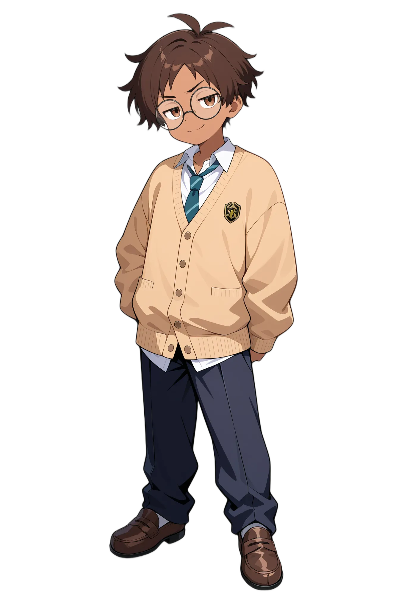 アニメイラスト-男子高校生-制服-メガネ-シャツ-ズボン-AI人物素材