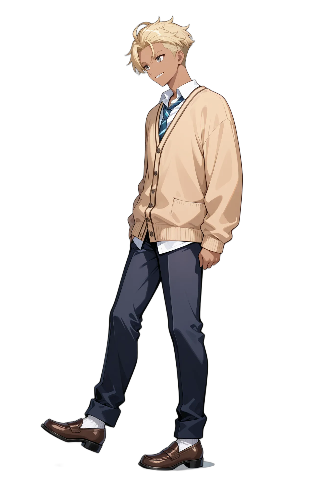 アニメイラスト-学生-制服-ネクタイ-靴下-男性-AI人物素材