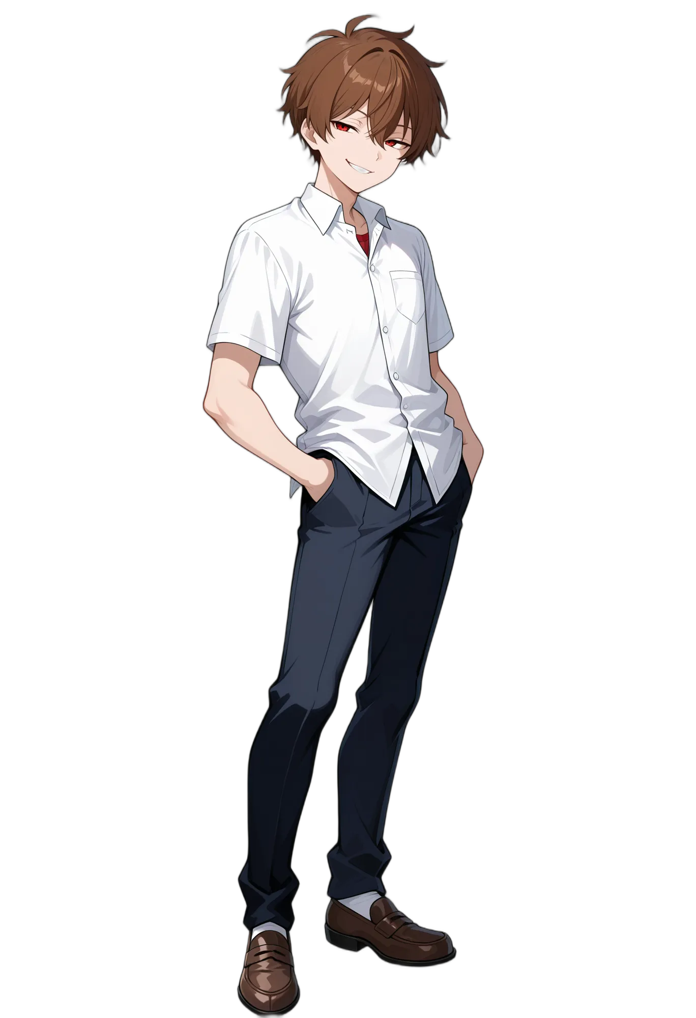 アニメイラスト-男子高校生-制服-笑顔-シャツ-ローファー-AI人物素材