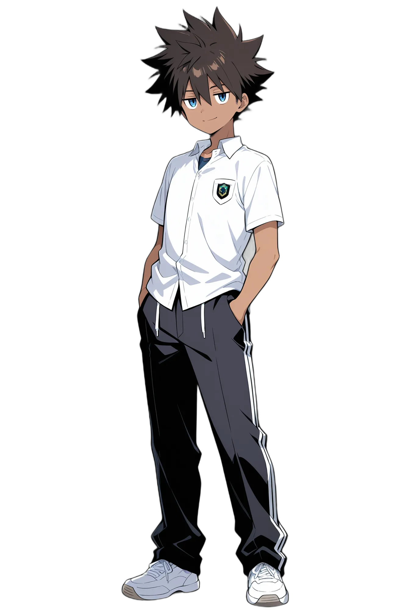 アニメイラスト-男子高校生-制服-黒髪-ブルーアイ-白シャツ-AI人物素材