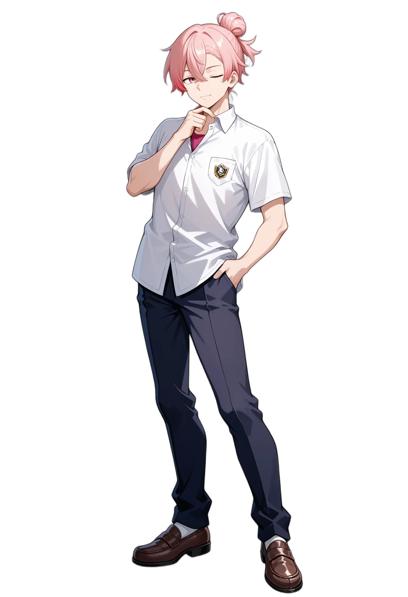 アニメイラスト-男子高校生-制服-半袖-ポケットに手-ピンク髪-AI人物素材